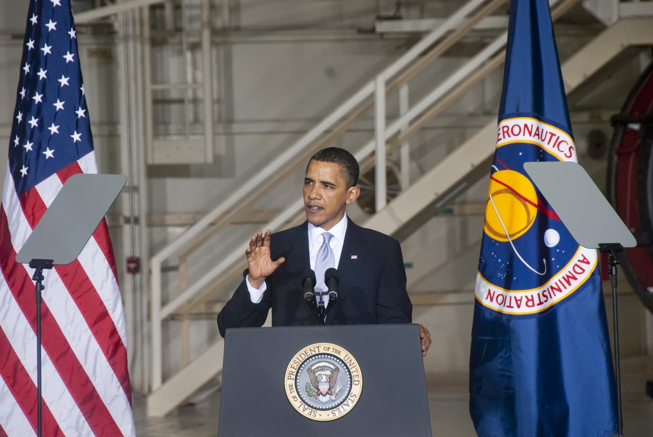 CAPE CANAVERAL, Fla. - In the Operations and Checkout Building at NASA's Kennedy Space Center in Florida, President Barack Obama addresses the participants of the Conference on the American Space Program for the 21st Century.  In his remarks, he outlined the new course his administration is charting for NASA and the future of U.S. leadership in human spaceflight. Photo credit: NASA_Jim Grossmann