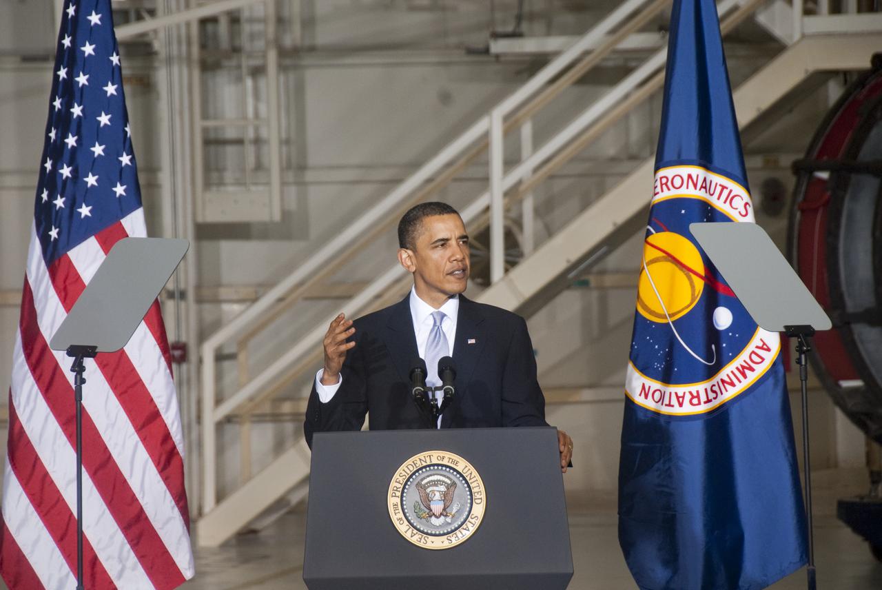 CAPE CANAVERAL, Fla. - In the Operations and Checkout Building at NASA's Kennedy Space Center in Florida, President Barack Obama addresses the participants of the Conference on the American Space Program for the 21st Century.  In his remarks, he outlined the new course his administration is charting for NASA and the future of U.S. leadership in human spaceflight. Photo credit: NASA_Jim Grossmann