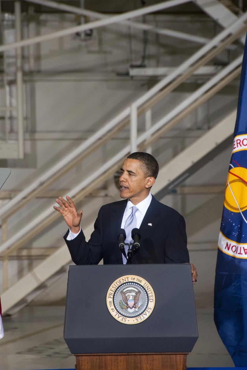 CAPE CANAVERAL, Fla. - In the Operations and Checkout Building at NASA's Kennedy Space Center in Florida, President Barack Obama addresses the participants of the Conference on the American Space Program for the 21st Century.  In his remarks, he outlined the new course his administration is charting for NASA and the future of U.S. leadership in human spaceflight. Photo credit: NASA_Jim Grossmann
