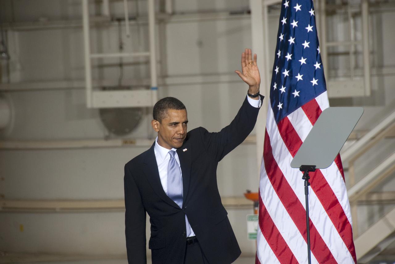 CAPE CANAVERAL, Fla. - In the Operations and Checkout Building at NASA's Kennedy Space Center in Florida, President Barack Obama completes his address to the participants of the Conference on the American Space Program for the 21st Century.  In his remarks, he outlined the new course his administration is charting for NASA and the future of U.S. leadership in human spaceflight. Photo credit: NASA_Jim Grossmann
