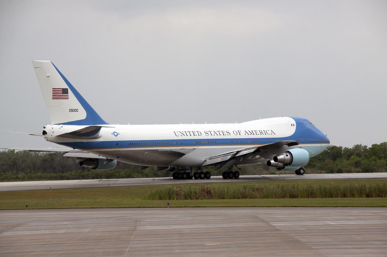 CAPE CANAVERAL, Fla. - At the Shuttle Landing Facility at NASA's Kennedy Space Center in Florida, Air Force One taxies down the runway.  Aboard is President Barack Obama who came to Kennedy to address the participants of the Conference on the American Space Program for the 21st Century.  President Obama opened the conference by outlining the new course his administration is charting for NASA and the future of U.S. leadership in human spaceflight. Photo credit: NASA_Jack Pfaller