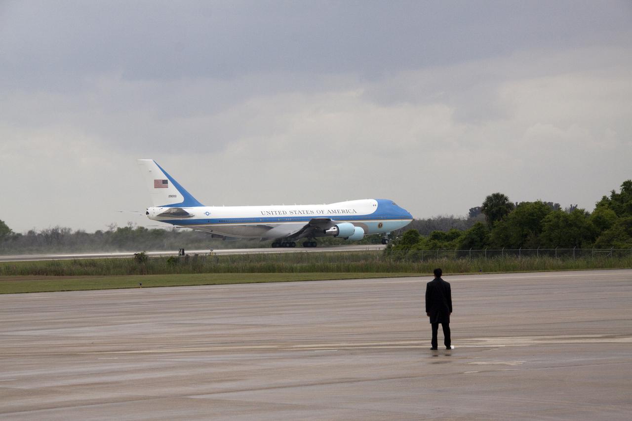 CAPE CANAVERAL, Fla. - At the Shuttle Landing Facility at NASA's Kennedy Space Center in Florida, Air Force One lifts off the runway.  Aboard is President Barack Obama who came to Kennedy to address the participants of the Conference on the American Space Program for the 21st Century.  President Obama opened the conference by outlining the new course his administration is charting for NASA and the future of U.S. leadership in human spaceflight. Photo credit: NASA_Jack Pfaller