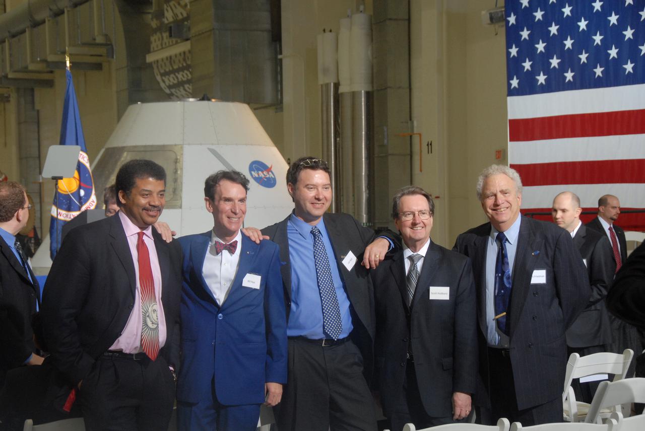 CAPE CANAVERAL, Fla. - In the Operations and Checkout Building at NASA's Kennedy Space Center in Florida, some of the participants and invited guests of the Conference on the American Space Program for the 21st Century pose for a group portrait.  From left are Neil deGrasse Tyson, director, Hayden Planetarium, American Museum of Natural History; Bill Nye The Science Guy, engineer and television personality; Jim Bell, professor, Department of Astronomy, Cornell University; Scott Hubbard, former director, NASA's Ames Research Center; and Louis Friedman, founder and executive director, The Planetary Society.  President Barack Obama opened the Conference on the American Space Program for the 21st Century with remarks on the new course his administration is charting for NASA and the future of U.S. leadership in human spaceflight. Photo credit: NASA_Jim Grossmann