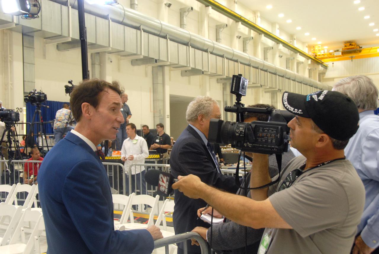 CAPE CANAVERAL, Fla. - In the Operations and Checkout Building at NASA's Kennedy Space Center in Florida, Bill Nye The Science Guy, engineer and television personality, is interviewed by the media during the Conference on the American Space Program for the 21st Century.  President Barack Obama opened the Conference on the American Space Program for the 21st Century with remarks on the new course his administration is charting for NASA and the future of U.S. leadership in human spaceflight. Photo credit: NASA_Jim Grossmann