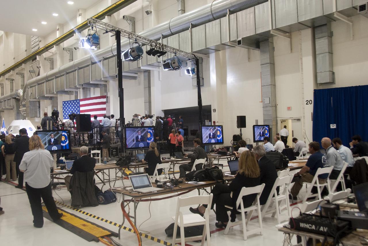 CAPE CANAVERAL, Fla. - In the Operations and Checkout Building at NASA's Kennedy Space Center in Florida, media representatives are on hand to cover the opening remarks of the Conference on the American Space Program for the 21st Century delivered by President Barack Obama.  In his remarks, President Obama outlined the new course his administration is charting for NASA and the future of U.S. leadership in human spaceflight. Photo credit: NASA_Jim Grossmann