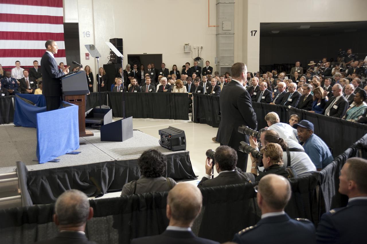 CAPE CANAVERAL, Fla. - In the Operations and Checkout Building at NASA's Kennedy Space Center in Florida, President Barack Obama addresses the participants of the Conference on the American Space Program for the 21st Century. In his remarks, he outlined the new course his administration is charting for NASA and the future of U.S. leadership in human spaceflight. Photo credit: NASA_Kim Shiflett