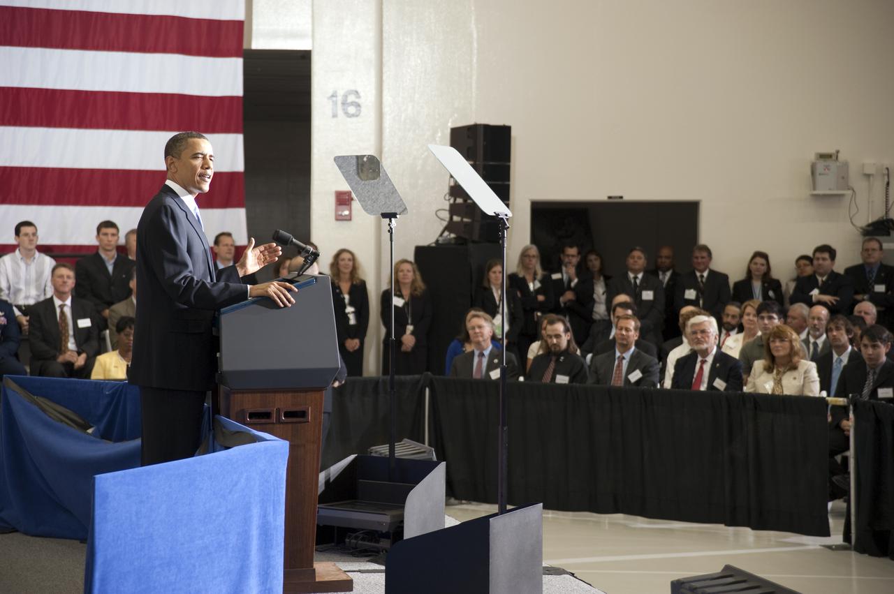 CAPE CANAVERAL, Fla.  - In the Operations and Checkout Building at NASA's Kennedy Space Center in Florida, President Barack Obama addresses the participants of the Conference on the American Space Program for the 21st Century. In his remarks, he outlined the new course his administration is charting for NASA and the future of U.S. leadership in human spaceflight. Photo credit: NASA_Kim Shiflett
