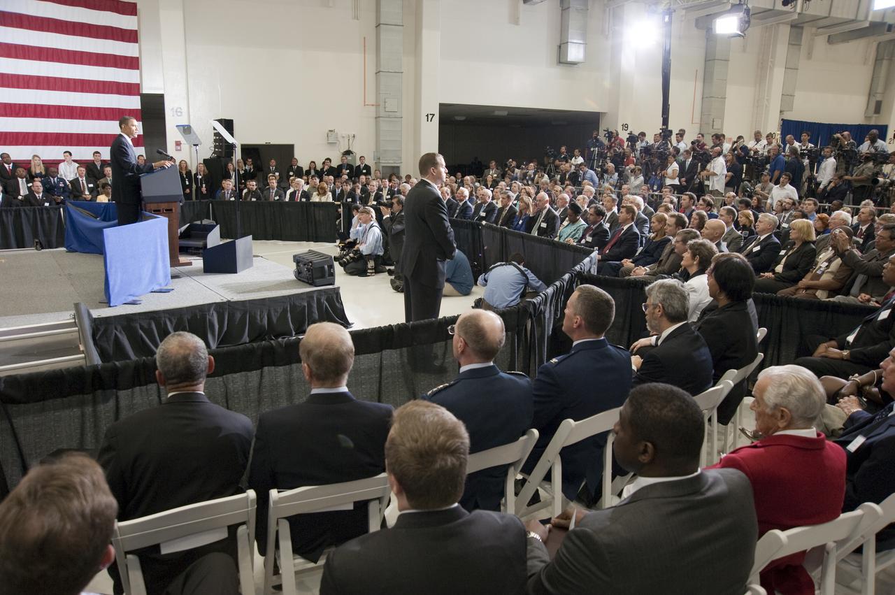 CAPE CANAVERAL, Fla. - In the Operations and Checkout Building at NASA's Kennedy Space Center in Florida, President Barack Obama addresses the participants of the Conference on the American Space Program for the 21st Century. In his remarks, he outlined the new course his administration is charting for NASA and the future of U.S. leadership in human spaceflight. Photo credit: NASA_Kim Shiflett