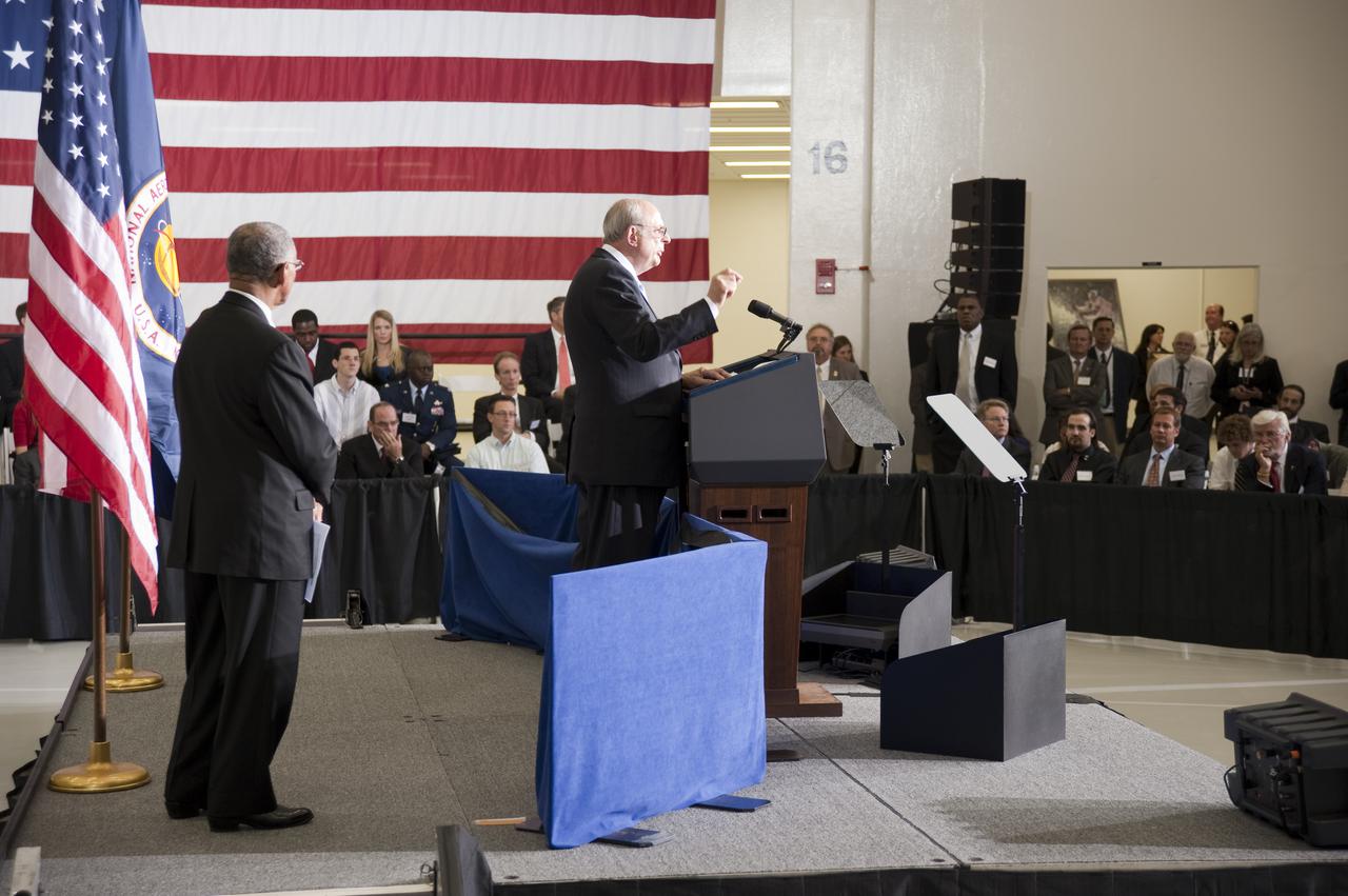 CAPE CANAVERAL, Fla.  - In the Operations and Checkout Building at NASA's Kennedy Space Center in Florida, Norman R. Augustine, retired chairman and CEO of Lockheed Martin Corp. and chair of the Review of U.S. Human Space Flight Plans Committee, addresses the participants of the Conference on the American Space Program for the 21st Century, prior to President Barack Obama's remarks outlining the new course his administration is charting for NASA and the future of U.S. leadership in human spaceflight. Photo credit: NASA_Kim Shiflett