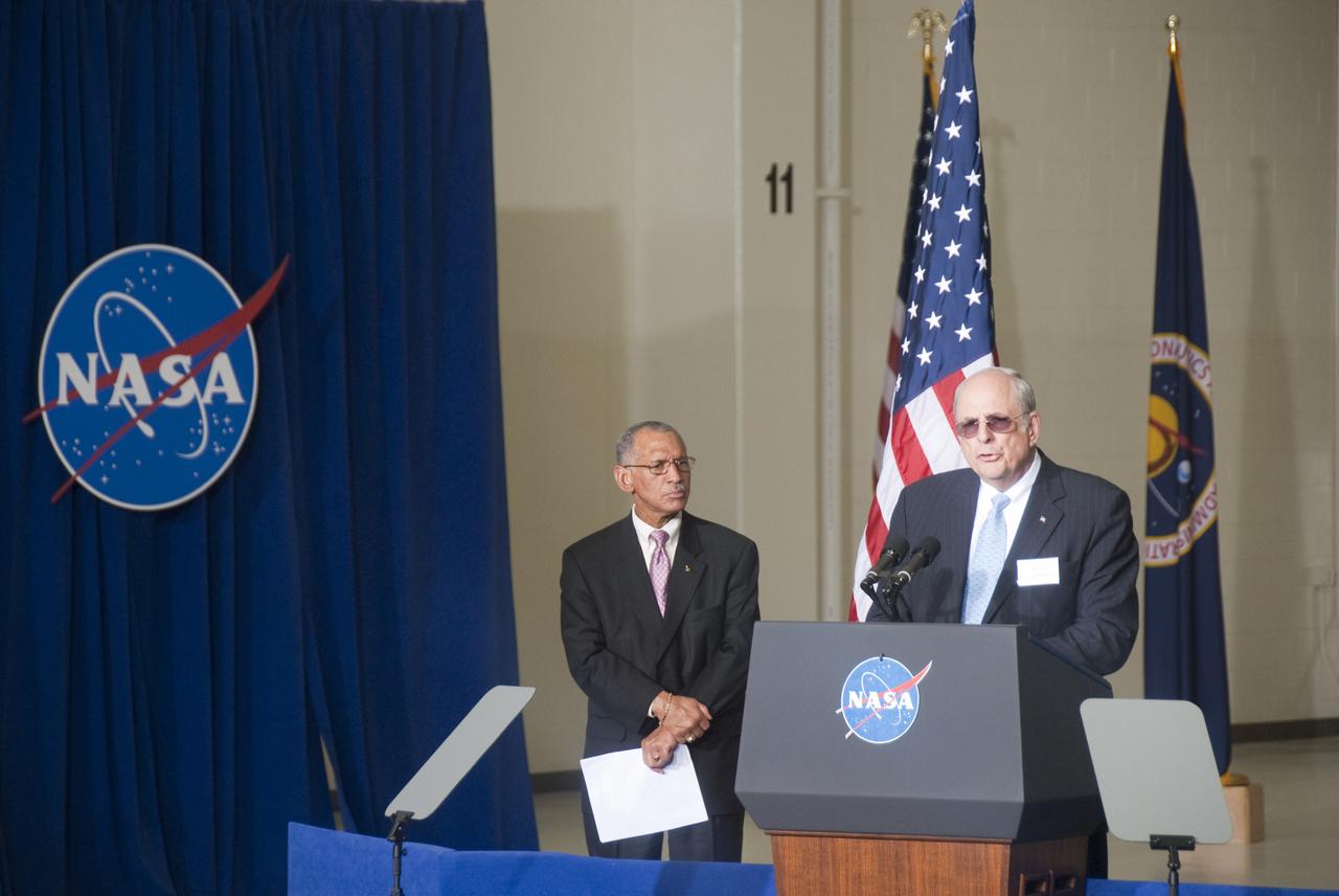 CAPE CANAVERAL, Fla.  -  In the Operations and Checkout Building at NASA's Kennedy Space Center in Florida, NASA Administrator Charles Bolden looks on as Norman R. Augustine, chair of the Review of U.S. Human Space Flight Plans Committee, co-hosts the official opening of the Conference on the American Space Program for the 21st Century following President Barack Obama's remarks describing the new course his administration is charting for NASA and the future of U.S. leadership in human spaceflight. The four break-out conference sessions that will take place in the Operations and Checkout Building and in the Kennedy Space Center Visitor Complex will include these topics: Increasing Access to and Utilization of the International Space Station; Jumpstarting the New Technologies to Take Us Beyond; Expanding our Reach into the Solar System and Harnessing Space to Expand Economic Opportunity. Photo credit: NASA_Jim Grossmann