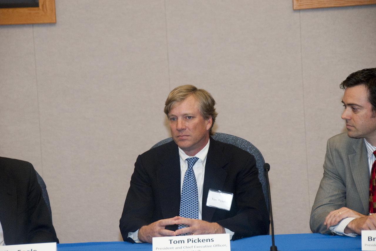CAPE CANAVERAL, Fla.  - In the mission briefing room of the Operations and Checkout Building at NASA's Kennedy Space Center in Florida, Tom Pickens, President and Chief Executive Officer of Astrotech Space Operations (center), Bretton Alexander, President of the Commercial Spaceflight Federation (right); Miles O'Brien, a member of the NASA Advisory Council and panel moderator and NASA Astronaut Mike Foale (both out of frame) participate in the second break-out session, 'Increasing Access To and Utilization of the International Space Station,' that is part of the Conference on the American Space Program for the 21st Century. Photo Credit: NASA_Jim Grossmann
