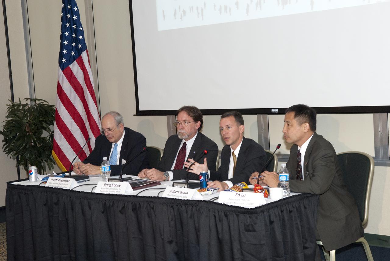 CAPE CANAVERAL, Fla. - In the Vanguard room of the Debus Center at NASA Kennedy Space Center Visitor Complex in Florida, Norman R. Augustine (left), chair of the Review of U.S. Human Space Flight Plans Committee and panel moderator heads up the third break-out session, 'Jumpstarting the New Technologies to Take Us Beyond,' that is part of the Conference on the American Space Program for the 21st Century. The distinguished panel for this session is: Doug Cooke Associate Administrator Exploration Systems for NASA; Robert Braun, NASA Chief Technologist and Ed Lu, Advanced Projects Program Manager for Google. Photo Credit: NASA_Jim Grossmann