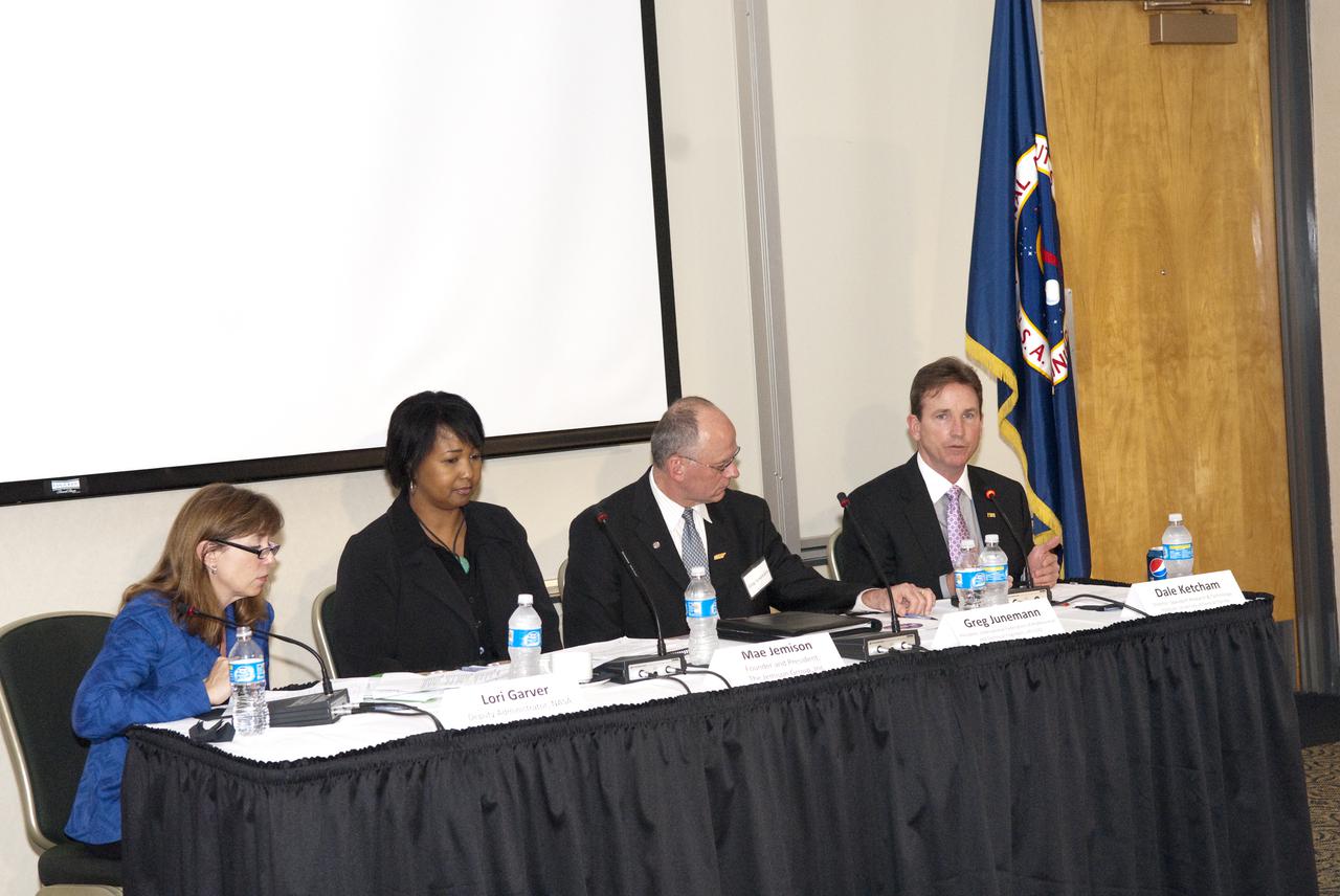 CAPE CANAVERAL, Fla. - In the Juno_Jupiter room of the Debus Center at NASA Kennedy Space Center Visitor Complex in Florida, Lori Garver, NASA Deputy Administrator (left) heads up the fourth break-out session 'Harnessing Space to Expand Economic Opportunity,' that is part of the Conference on the American Space Program for the 21st Century. The distinguished panel for this session is: Mae Jamison, Founder and President of The Jamison Group Inc.; Greg Junemann, President of the International Federation of Professional and Technical Engineers, AFL-CIO and CLC and Dale Ketcham, Director of the Spaceport Research and Technology Institute at the University of Central Florida. Photo Credit: NASA_Jim Grossmann