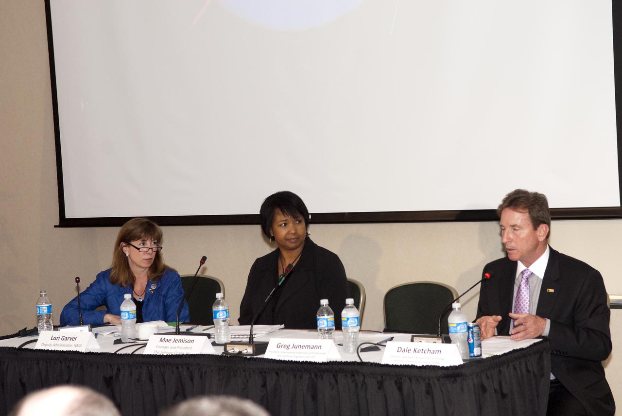 CAPE CANAVERAL, Fla.  - In the Juno_Jupiter room of the Debus Center at NASA Kennedy Space Center Visitor Complex in Florida, Lori Garver, NASA Deputy Administrator (left) and panel moderator and Mae Jamison, Founder and President of The Jamison Group Inc. listen intently as  Dale Ketcham, Director of the Spaceport Research and Technology Institute at the University of Central Florida speaks at the 'Harnessing Space to Expand Economic Opportunity,' break-out session that is part of the Conference on the American Space Program for the 21st Century. Photo Credit: NASA_Jim Grossmann