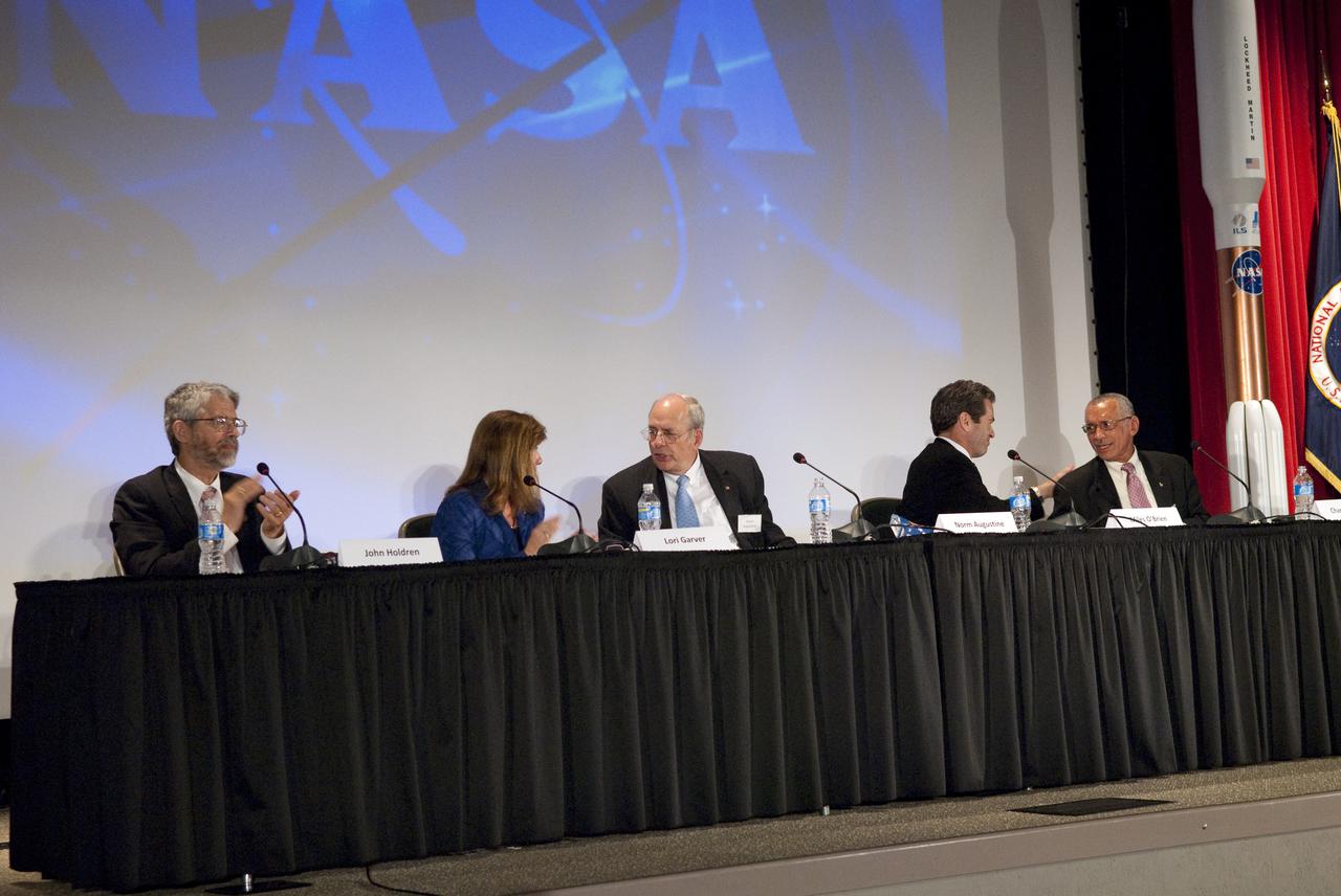 CAPE CANAVERAL, Fla. - In the Astronaut Encounter Theater at the NASA Kennedy Space Center Visitor Complex in Florida, the Conference on the American Space Program for the 21st Century wrapped up with a lively panel discussion. Pictured is, left to right, John Holdren, assistant to the President for science and technology and director of the White House Office of Science and Technology Policy; Lori Garver, NASA Deputy Administrator; Norman R. Augustine, chair of the Review of U.S. Human Space Flight Plans Committee; Miles O'Brien, a member of the NASA Advisory Council and NASA Administrator Charles Bolden. Photo Credit: NASA_Jim Grossmann