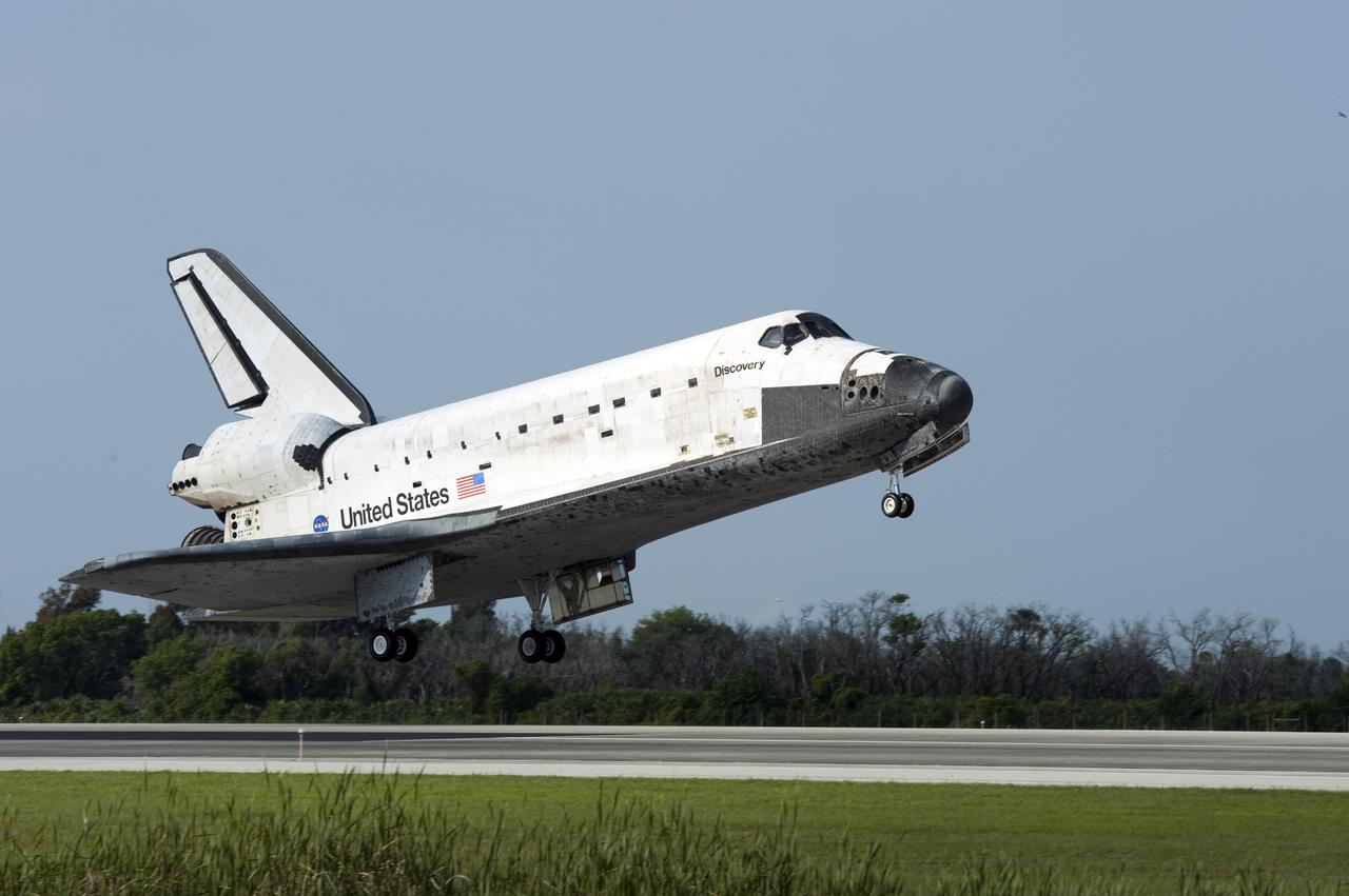 CAPE CANAVERAL, Fla.  - Space shuttle Discovery lands on Runway 33 at the Shuttle Landing Facility at NASA's Kennedy Space Center in Florida at 9:08 a.m. EDT, completing the 15-day STS-131 mission to the International Space Station. Main gear touchdown was at 9:08:35 a.m. EDT followed by nose gear touchdown at 9:08:47 a.m. and wheelstop at 9:09:33 a.m.  Aboard are Commander Alan Poindexter; Pilot James P. Dutton Jr.; and Mission Specialists Rick Mastracchio, Clayton Anderson, Dorothy Metcalf-Lindenburger, Stephanie Wilson and Naoko Yamazaki of the Japan Aerospace Exploration Agency.  The seven-member STS-131 crew carried the multi-purpose logistics module Leonardo, filled with supplies, a new crew sleeping quarters and science racks that were transferred to the International Space Station's laboratories.  The crew also switched out a gyroscope on the station’s truss, installed a spare ammonia storage tank and retrieved a Japanese experiment from the station’s exterior.  STS-131 is the 33rd shuttle mission to the station and the 131st shuttle mission overall. For information on the STS-131 mission and crew, visit http:__www.nasa.gov_mission_pages_shuttle_shuttlemissions_sts131_index.html.  Photo Credit: NASA_Carl Winebarger