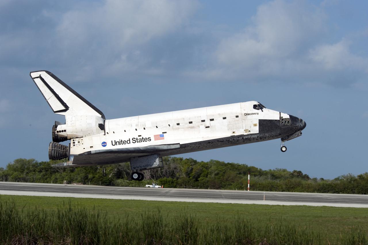 CAPE CANAVERAL, Fla.  - Space shuttle Discovery lands on Runway 33 at the Shuttle Landing Facility at NASA's Kennedy Space Center in Florida at 9:08 a.m. EDT, completing the 15-day STS-131 mission to the International Space Station. Main gear touchdown was at 9:08:35 a.m. EDT followed by nose gear touchdown at 9:08:47 a.m. and wheelstop at 9:09:33 a.m.  Aboard are Commander Alan Poindexter; Pilot James P. Dutton Jr.; and Mission Specialists Rick Mastracchio, Clayton Anderson, Dorothy Metcalf-Lindenburger, Stephanie Wilson and Naoko Yamazaki of the Japan Aerospace Exploration Agency.  The seven-member STS-131 crew carried the multi-purpose logistics module Leonardo, filled with supplies, a new crew sleeping quarters and science racks that were transferred to the International Space Station's laboratories.  The crew also switched out a gyroscope on the station’s truss, installed a spare ammonia storage tank and retrieved a Japanese experiment from the station’s exterior.  STS-131 is the 33rd shuttle mission to the station and the 131st shuttle mission overall. For information on the STS-131 mission and crew, visit http:__www.nasa.gov_mission_pages_shuttle_shuttlemissions_sts131_index.html.  Photo Credit: NASA_Carl Winebarger
