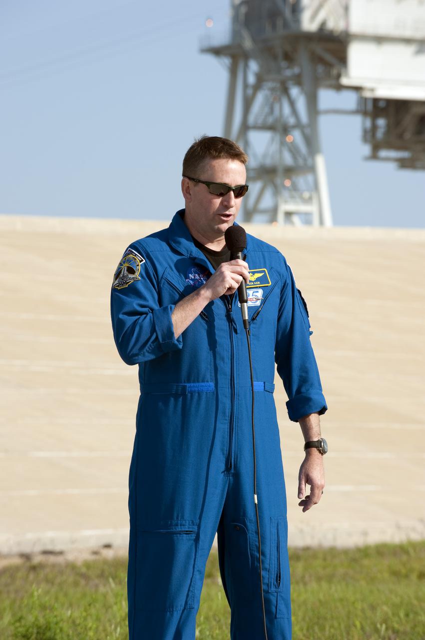 CAPE CANAVERAL, Fla. - At Launch Pad 39A at NASA's Kennedy Space Center in Florida, STS-132 Commander Ken Ham addresses media representatives during a question-and-answer session. The crew is at Kennedy for their Terminal Countdown Demonstration Test, or TCDT, a dress rehearsal for launch. TCDT provides each shuttle crew and launch team the opportunity to participate in various simulated countdown activities, including equipment familiarization and emergency training. On the STS-132 mission, the six-member crew will deliver an Integrated Cargo Carrier, or ICC, and the Russian-built Mini-Research Module-1, or MRM-1, to the International Space Station aboard space shuttle Atlantis. The ICC is an unpressurized flat bed pallet and keel yoke assembly used to support the transfer of exterior cargo from the shuttle to the space station. The MRM-1, known as Rassvet, is the second in a series of new pressurized components for Russia and will be permanently attached to the Earth-facing port of the Zarya control module. Rassvet, which translates to 'dawn,' will be used for cargo storage and will provide an additional docking port to the station. STS-132 is the 34th mission to the station and the 132nd shuttle mission overall. Atlantis is targeted to launch on May 14 at 2:19 p.m. For information on the STS-132 mission, visit http:__www.nasa.gov_mission_pages_shuttle_shuttlemissions_sts132_index.html. Photo credit: NASA_Kim Shiflett