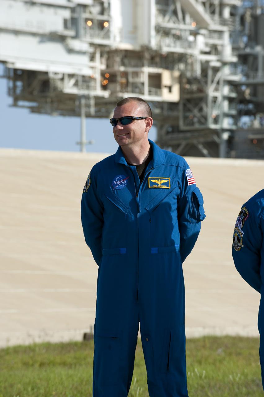 CAPE CANAVERAL, Fla. - At Launch Pad 39A at NASA's Kennedy Space Center in Florida, STS-132 Pilot Tony Antonelli participates in a question-and-answer session with media representatives. The crew is at Kennedy for their Terminal Countdown Demonstration Test, or TCDT, a dress rehearsal for launch. TCDT provides each shuttle crew and launch team the opportunity to participate in various simulated countdown activities, including equipment familiarization and emergency training. On the STS-132 mission, the six-member crew will deliver an Integrated Cargo Carrier, or ICC, and the Russian-built Mini-Research Module-1, or MRM-1, to the International Space Station aboard space shuttle Atlantis. The ICC is an unpressurized flat bed pallet and keel yoke assembly used to support the transfer of exterior cargo from the shuttle to the space station. The MRM-1, known as Rassvet, is the second in a series of new pressurized components for Russia and will be permanently attached to the Earth-facing port of the Zarya control module. Rassvet, which translates to 'dawn,' will be used for cargo storage and will provide an additional docking port to the station. STS-132 is the 34th mission to the station and the 132nd shuttle mission overall. Atlantis is targeted to launch on May 14 at 2:19 p.m. For information on the STS-132 mission, visit http:__www.nasa.gov_mission_pages_shuttle_shuttlemissions_sts132_index.html. Photo credit: NASA_Kim Shiflett