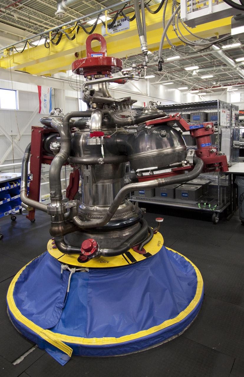 CAPE CANAVERAL, Fla. – At NASA's Kennedy Space Center in Florida, construction of the last space shuttle main engine, or SSME, scheduled to be built at Kennedy by Pratt and Whitney Rocketdyne before the end of the Space Shuttle Program is under way in the Space Shuttle Main Engine Processing Facility.  Three main engines are clustered at the aft end of the shuttle and have a combined thrust of more than 1.2 million pounds.  Each engine utilizes liquid hydrogen for fuel and liquid oxygen as oxidizer and operates during the entire eight-and-a-half minute ride to orbit.  Post-flight inspections and maintenance of each engine also are conducted in the SSME Processing Facility between shuttle missions.  Photo credit: NASA_Jack Pfaller