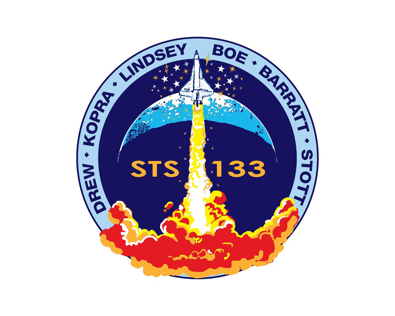 JOHNSON SPACE CENTER, Houston - STS133-S-001 ---- The STS-133 mission patch is based upon sketches from the late artist Robert McCall; they were the final creations of his long and prodigious career. In the foreground, a solitary orbiter ascends into a dark blue sky above a roiling fiery plume. A spray of stars surrounds the orbiter and a top lit crescent forms the background behind the ascent. The mission number, STS-133, is emblazoned on the patch center, and crewmembers' names are listed on a sky-blue border around the scene. The Shuttle Discovery is depicted ascending on a plume of flame as if it is just beginning a mission. However it is just the orbiter, without boosters or an external tank, as it would be at mission's end. This is to signify Discovery's completion of its operational life and the beginning of its new role as a symbol of NASA's and the nation's proud legacy in human spaceflight. The NASA insignia design for shuttle and space station flights is reserved for use by the astronauts and for other official use as the NASA Administrator may authorize. Public availability has been approved only in the form of illustrations by the various news media. When and if there is any change in this policy, which is not anticipated, it will be publicly announced. Photo credit: NASA or National Aeronautics and Space Administration