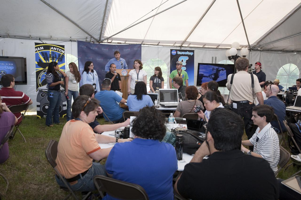 CAPE CANAVERAL, Fla. - At NASA's Kennedy Space Center in Florida, the support personnel for NASA's STS-132 Tweetup introduce themselves to the participants.  NASA is hosting 150 people from around the world and providing them with a behind-the-scenes perspective to share with their followers via the social networking service Twitter.  Attendees were randomly selected from more than 1,000 online registrations and include people from more than 30 states, the District of Columbia, Puerto Rico, the Netherlands, New Zealand and England. The Tweeters are being given the chance to meet with shuttle technicians, managers, engineers and astronauts, to take a tour of Kennedy, and to experience the exhilaration of the launch of space shuttle Atlantis' STS-132 mission.  A tent was set up especially for the occasion near the countdown clock at Kennedy's Press Site.  Atlantis' liftoff is set for 2:20 p.m. EDT on May 14.  STS-132 is the 34th mission to the station and the last scheduled flight for Atlantis. For more information on the STS-132 mission objectives, payload and crew, visit http:__www.nasa.gov_mission_pages_shuttle_shuttlemissions_sts132_index.html. Photo Credit: NASA_Amanda Diller