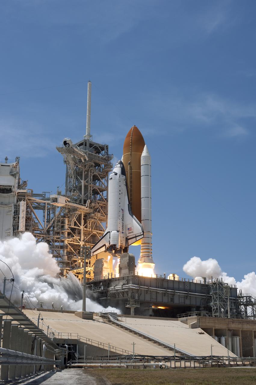 CAPE CANAVERAL, Fla. - Space shuttle Atlantis' twin solid rocket boosters ignite to propel the spacecraft off NASA Kennedy Space Center's Launch Pad 39A and into orbit at 2:20 p.m. EDT on May 14. On board Atlantis, for its last planned flight, are six veteran NASA astronauts. Atlantis' primary payload for the STS-132 mission is the Russian-built Mini Research Module-1, which will provide additional storage space and a new docking port for Russian Soyuz and Progress spacecraft aboard the International Space Station. STS-132 is the 132nd shuttle flight, the 32nd for Atlantis and the 34th shuttle mission dedicated to station assembly and maintenance. For more information on the STS-132 mission objectives, payload and crew, visit www.nasa.gov_mission_pages_shuttle_shuttlemissions_sts132_index.html. Photo credit: NASA_Tony Gray and Tom Farrar