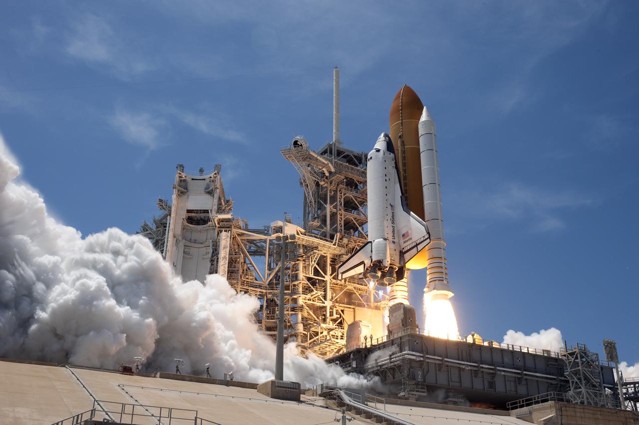 CAPE CANAVERAL, Fla. - Space shuttle Atlantis' twin solid rocket boosters ignite to propel the spacecraft off NASA Kennedy Space Center's Launch Pad 39A and into orbit at 2:20 p.m. EDT on May 14. On board Atlantis, for its last planned flight, are six veteran NASA astronauts.  Atlantis' primary payload for the STS-132 mission is the Russian-built Mini Research Module-1, which will provide additional storage space and a new docking port for Russian Soyuz and Progress spacecraft aboard the International Space Station. STS-132 is the 132nd shuttle flight, the 32nd for Atlantis and the 34th shuttle mission dedicated to station assembly and maintenance. For more information on the STS-132 mission objectives, payload and crew, visit www.nasa.gov_mission_pages_shuttle_shuttlemissions_sts132_index.html. Photo credit: NASA_Sandra Joseph and Kevin O'Connell