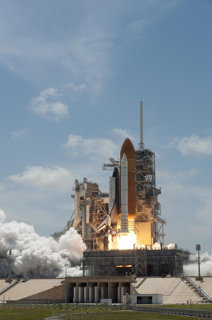 CAPE CANAVERAL, Fla. - Space shuttle Atlantis and its six STS-132 astronauts lift off Launch Pad 39A at NASA's Kennedy Space Center in Florida at 2:20 p.m. EDT on May 14.   Atlantis' primary payload for the STS-132 mission is the Russian-built Mini Research Module-1, which will provide additional storage space and a new docking port for Russian Soyuz and Progress spacecraft aboard the International Space Station. STS-132 is the 132nd shuttle flight, the 32nd for Atlantis and the 34th shuttle mission dedicated to station assembly and maintenance. For more information on the STS-132 mission objectives, payload and crew, visit www.nasa.gov_mission_pages_shuttle_shuttlemissions_sts132_index.html. Photo credit: NASA_Sandra Joseph and Kevin O'Connell