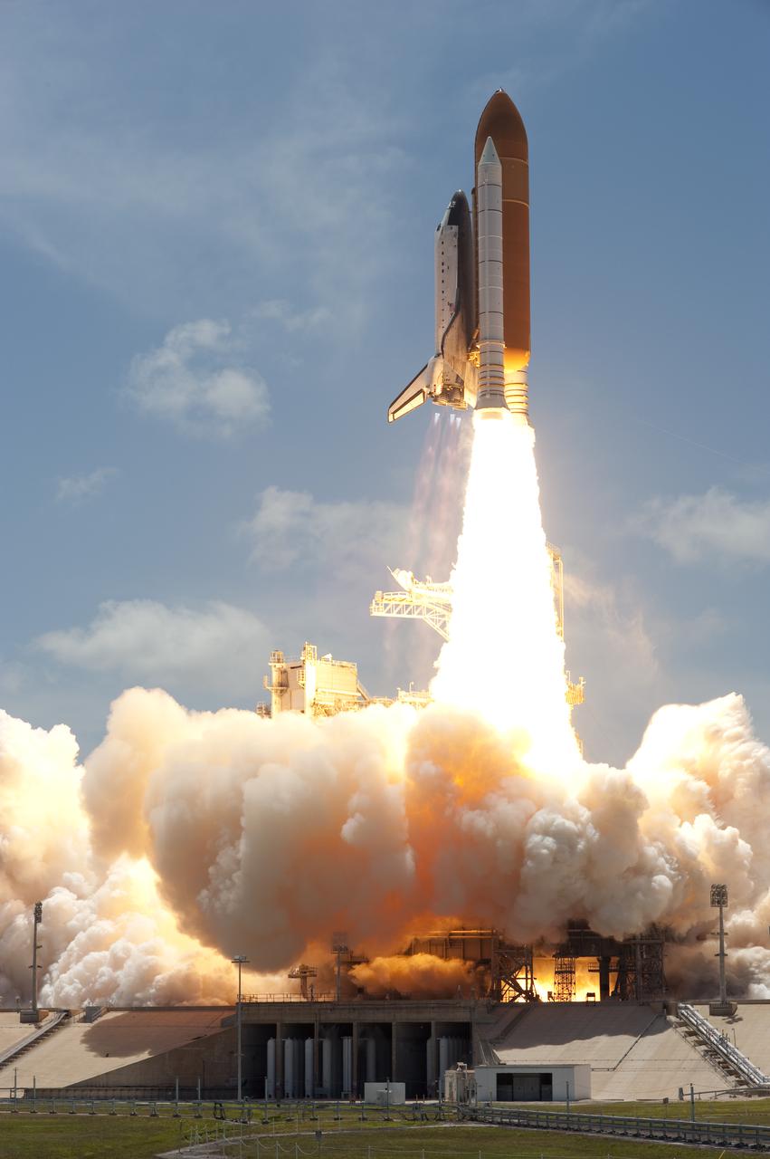 CAPE CANAVERAL, Fla. - Space shuttle Atlantis and its six STS-132 astronauts lift off Launch Pad 39A at NASA's Kennedy Space Center in Florida at 2:20 p.m. EDT on May 14.   Atlantis' primary payload for the STS-132 mission is the Russian-built Mini Research Module-1, which will provide additional storage space and a new docking port for Russian Soyuz and Progress spacecraft aboard the International Space Station. STS-132 is the 132nd shuttle flight, the 32nd for Atlantis and the 34th shuttle mission dedicated to station assembly and maintenance. For more information on the STS-132 mission objectives, payload and crew, visit www.nasa.gov_mission_pages_shuttle_shuttlemissions_sts132_index.html. Photo credit: NASA_Sandra Joseph and Kevin O'Connell