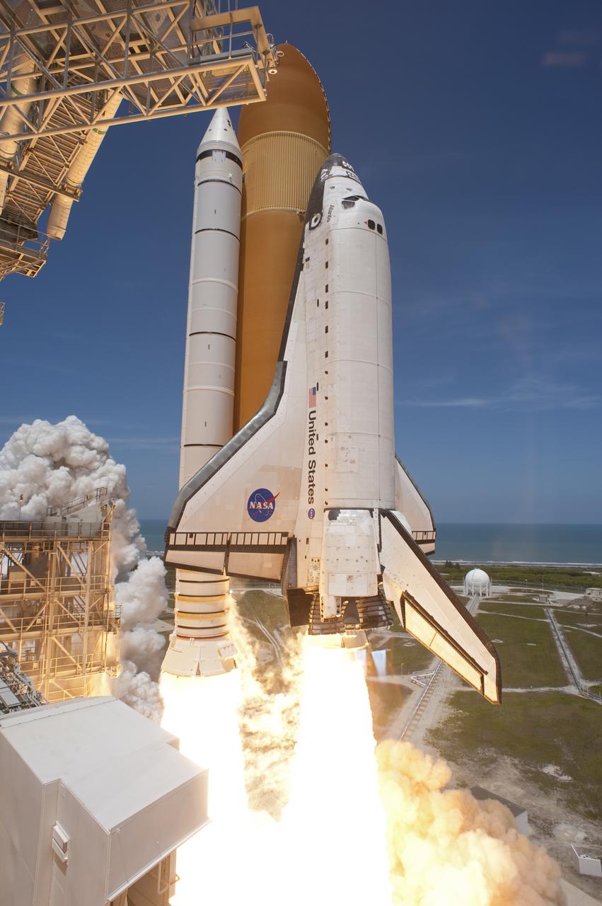 CAPE CANAVERAL, Fla. - Space shuttle Atlantis and its six STS-132 astronauts lift off its seaside launch pad at NASA's Kennedy Space Center in Florida at 2:20 p.m. EDT on May 14.   Atlantis' primary payload for the STS-132 mission is the Russian-built Mini Research Module-1, which will provide additional storage space and a new docking port for Russian Soyuz and Progress spacecraft aboard the International Space Station. STS-132 is the 132nd shuttle flight, the 32nd for Atlantis and the 34th shuttle mission dedicated to station assembly and maintenance. For more information on the STS-132 mission objectives, payload and crew, visit www.nasa.gov_mission_pages_shuttle_shuttlemissions_sts132_index.html. Photo credit: NASA_Sandra Joseph and Kevin O'Connell
