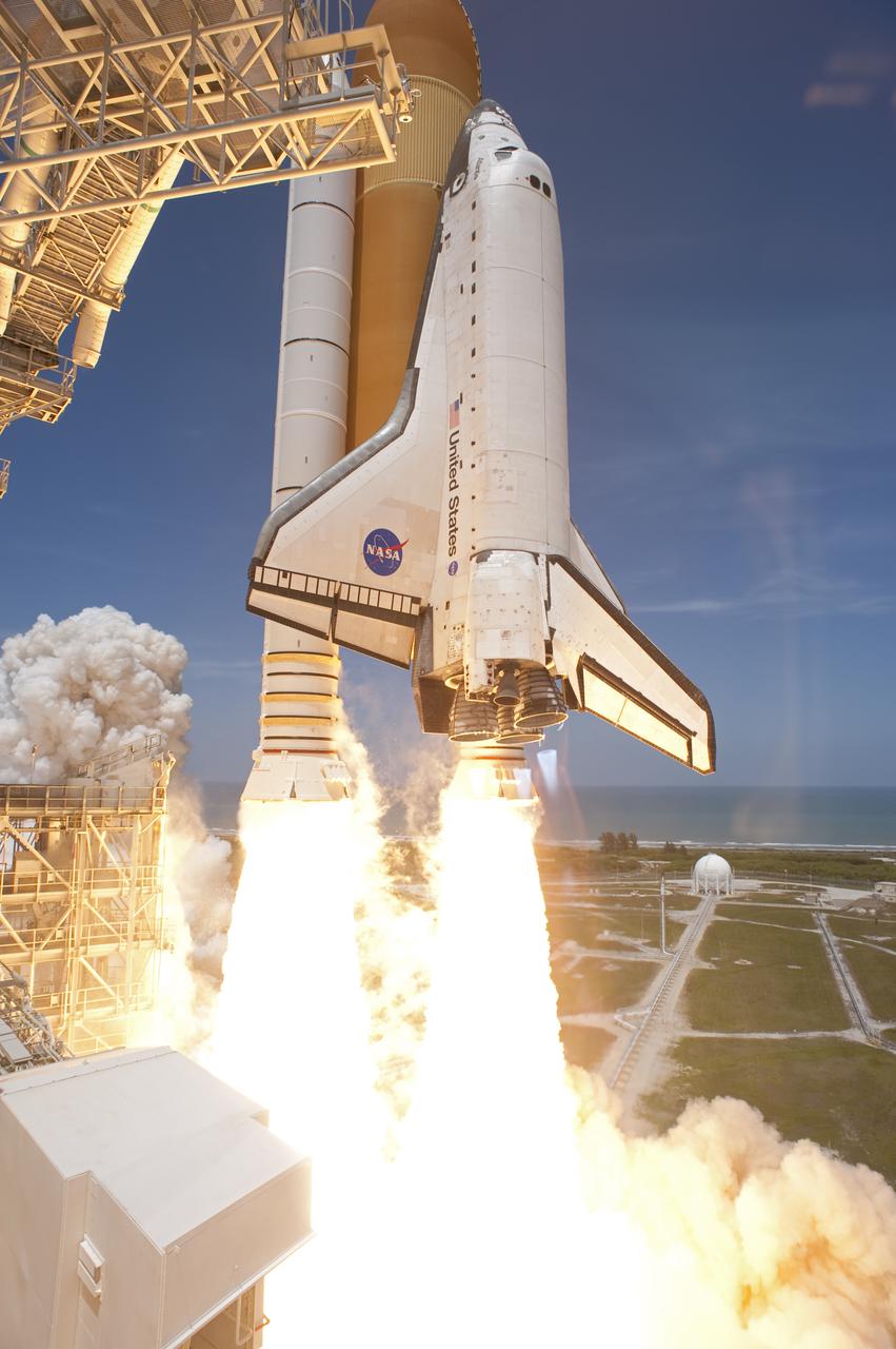 CAPE CANAVERAL, Fla. - Space shuttle Atlantis and its six STS-132 astronauts lift off its seaside launch pad at NASA's Kennedy Space Center in Florida at 2:20 p.m. EDT on May 14.   Atlantis' primary payload for the STS-132 mission is the Russian-built Mini Research Module-1, which will provide additional storage space and a new docking port for Russian Soyuz and Progress spacecraft aboard the International Space Station. STS-132 is the 132nd shuttle flight, the 32nd for Atlantis and the 34th shuttle mission dedicated to station assembly and maintenance. For more information on the STS-132 mission objectives, payload and crew, visit www.nasa.gov_mission_pages_shuttle_shuttlemissions_sts132_index.html. Photo credit: NASA_Sandra Joseph and Kevin O'Connell