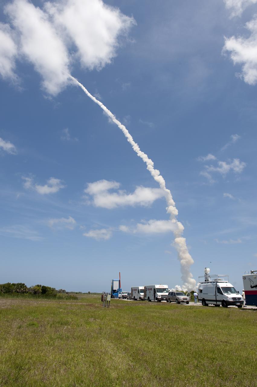 CAPE CANAVERAL, Fla. - Convoy vehicles are standing by at the Shuttle Landing Facility at NASA's Kennedy Space Center in the event a Return-to-Launch-Site abort should be necessary following the launch of space shuttle Atlantis to the International Space Station.  Liftoff from Launch Pad 39A occurred right on time at 2:20 p.m. EDT on May 14.  Atlantis' primary payload for the STS-132 mission is the Russian-built Mini Research Module-1, which will provide additional storage space and a new docking port for Russian Soyuz and Progress spacecraft aboard the International Space Station. STS-132 is the 132nd shuttle flight, the 32nd for Atlantis and the 34th shuttle mission dedicated to station assembly and maintenance. For more information on the STS-132 mission objectives, payload and crew, visit www.nasa.gov_mission_pages_shuttle_shuttlemissions_sts132_index.html. Photo credit: NASA_Photo Credit: NASA_Carl Winebarger