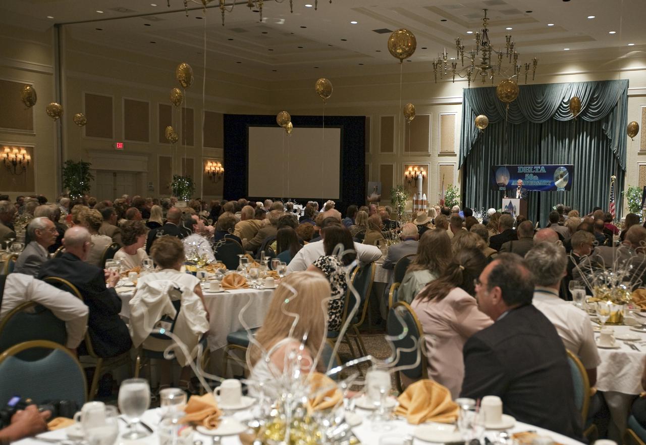 CAPE CANAVERAL, Fla. - Hundreds of NASA, U.S. Air Force, United Launch Alliance, Boeing, Pratt and Whitney Rocketdyne and Aerojet employees, along with NASA Alumni League members, celebrate the Delta expendable launch vehicle program's 50th anniversary at the Radisson Resort in Cape Canaveral, Fla., on May 16. NASA launched the first Delta rocket, which only was intended to be an interim launch vehicle, on May 13, 1960. A half-century later, more than 300 Delta rockets have launched to place crucial weather and environmental satellites into Earth orbit. The vehicles also have sent spacecraft on missions to other planets and comets, and to study the universe. Currently, the Delta II and Delta IV are in use by NASA's Launch Services Program based at Kennedy Space Center in Florida, and are launched by United Launch Alliance. Photo credit: NASA_Amanda Diller