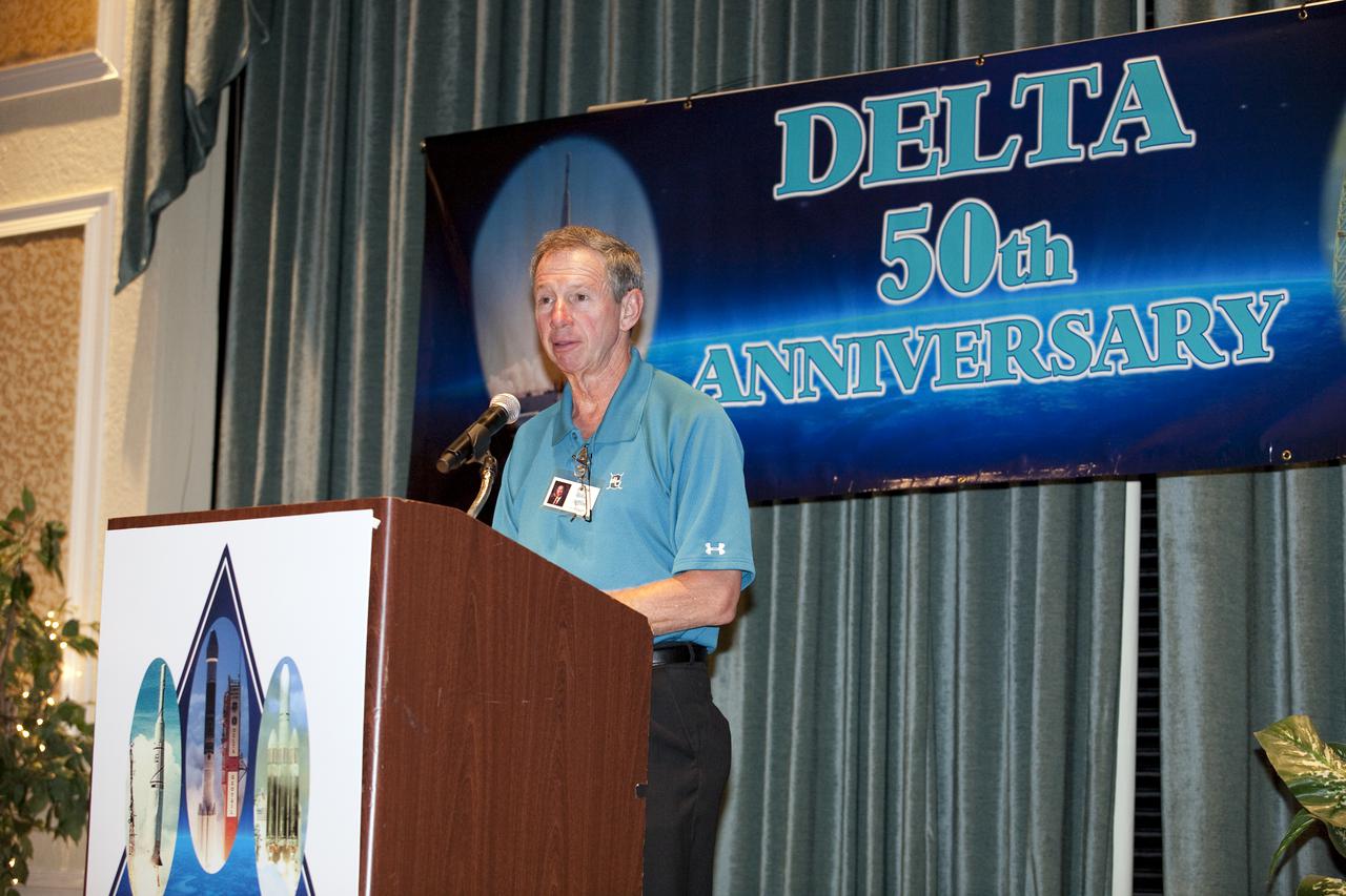 CAPE CANAVERAL, Fla. - Mike Griffin, professor of mechanical and aerospace engineering at the University of Alabama in Huntsville and former NASA administrator, helps the space agency, the U.S. Air Force, United Launch Alliance, Boeing, Pratt and Whitney Rocketdyne, Aerojet and the NASA Alumni League celebrate the Delta expendable launch vehicle program's 50th anniversary at the Radisson Resort in Cape Canaveral, Fla., on May 16.   NASA launched the first Delta rocket, which only was intended to be an interim launch vehicle, on May 13, 1960. A half-century later, more than 300 Delta rockets have launched to place crucial weather and environmental satellites into Earth orbit. The vehicles also have sent spacecraft on missions to other planets and comets, and to study the universe. Currently, the Delta II and Delta IV are in use by NASA's Launch Services Program based at Kennedy Space Center in Florida, and are launched by United Launch Alliance. Photo credit: NASA_Amanda Diller