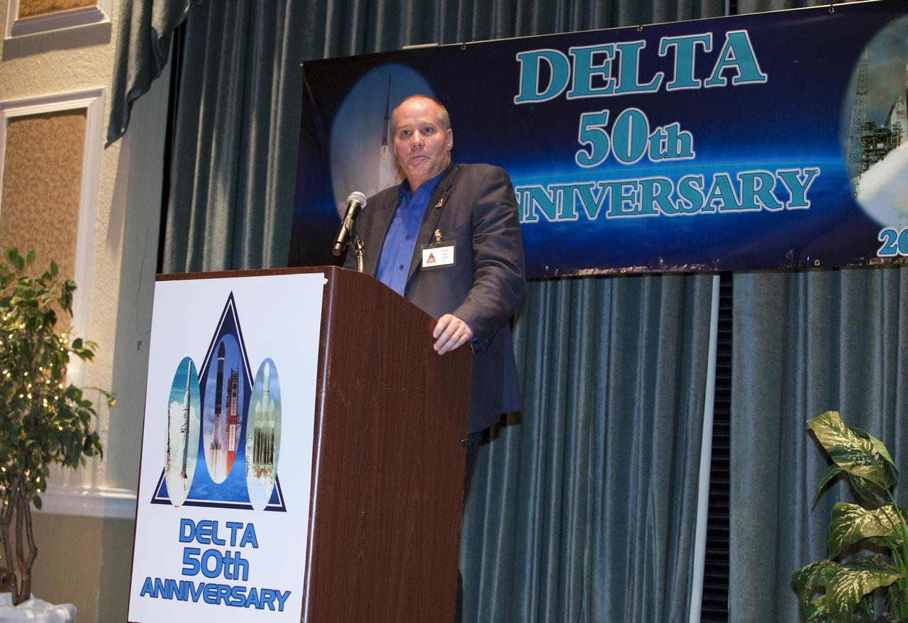 CAPE CANAVERAL, Fla. - Daniel Collins, chief operating officer of United Launch Alliance, helps the company, NASA, the U.S. Air Force, Boeing, Pratt and Whitney Rocketdyne, Aerojet and the NASA Alumni League celebrate the Delta expendable launch vehicle program's 50th anniversary at the Radisson Resort in Cape Canaveral, Fla., on May 16. NASA launched the first Delta rocket, which only was intended to be an interim launch vehicle, on May 13, 1960. A half-century later, more than 300 Delta rockets have launched to place crucial weather and environmental satellites into Earth orbit. The vehicles also have sent spacecraft on missions to other planets and comets, and to study the universe. Currently, the Delta II and Delta IV are in use by NASA's Launch Services Program based at Kennedy Space Center in Florida, and are launched by United Launch Alliance. Photo credit: NASA_Amanda Diller