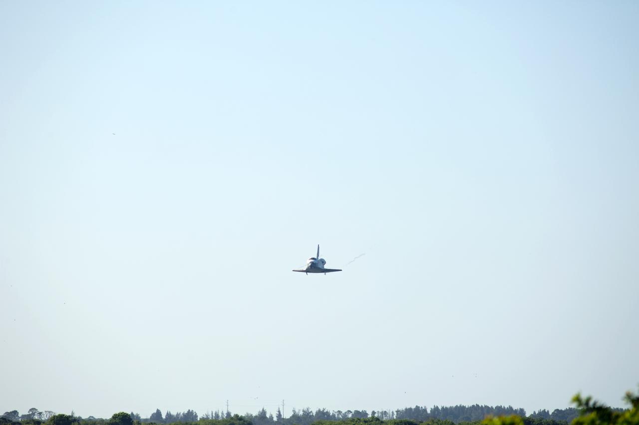 CAPE CANAVERAL, Fla. - Coming in from the southeast, space shuttle Atlantis approaches Runway 33 at the Shuttle Landing Facility at NASA's Kennedy Space Center in Florida. Landing was at 8:48 a.m. EDT, completing the 12-day STS-132 mission to the International Space Station. The six-member STS-132 crew carried the Russian-built Mini Research Module-1 to the space station. STS-132 is the 34th shuttle mission to the station, the 132nd shuttle mission overall and the last planned flight for Atlantis. For information on the STS-132 mission and crew, visit www.nasa.gov_mission_pages_shuttle_shuttlemissions_sts132_index.html. Photo credit: NASA_Sandra Joseph
