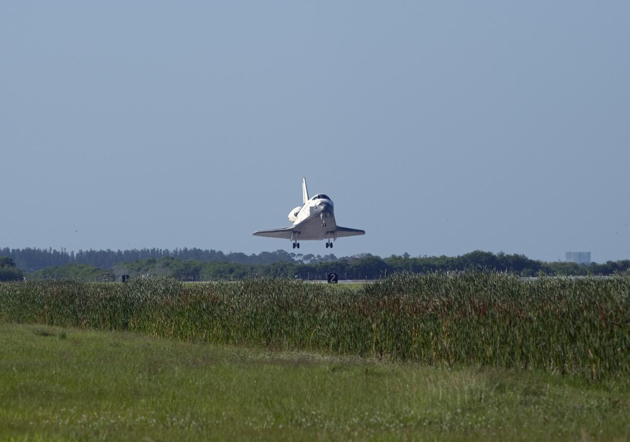CAPE CANAVERAL, Fla. - Coming in from the southeast, space shuttle Atlantis approaches Runway 33 at the Shuttle Landing Facility at NASA's Kennedy Space Center in Florida. Landing was at 8:48 a.m. EDT, completing the 12-day STS-132 mission to the International Space Station. The six-member STS-132 crew carried the Russian-built Mini Research Module-1 to the space station. STS-132 is the 34th shuttle mission to the station, the 132nd shuttle mission overall and the last planned flight for Atlantis. For information on the STS-132 mission and crew, visit www.nasa.gov_mission_pages_shuttle_shuttlemissions_sts132_index.html. Photo credit: NASA_Tom Joseph