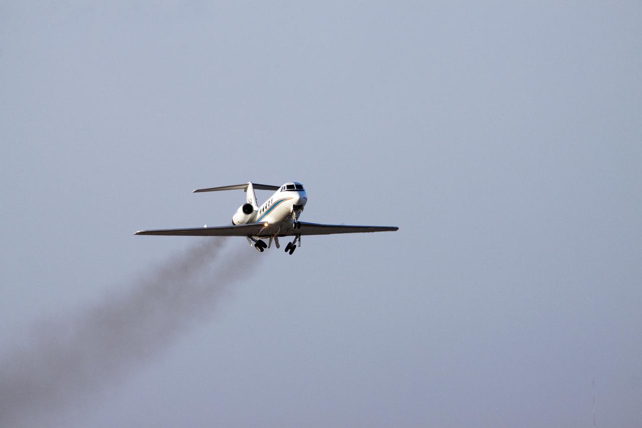 CAPE CANAVERAL, Fla. - NASA's Shuttle Training Aircraft flies weather reconnaissance for space shuttle Atlantis over Runway 33 at the Shuttle Landing Facility at NASA's Kennedy Space Center in Florida. Landing of Atlantis was at 8:48 a.m. EDT, completing the 12-day STS-132 mission to the International Space Station. The six-member STS-132 crew carried the Russian-built Mini Research Module-1 to the space station. STS-132 is the 34th shuttle mission to the station, the 132nd shuttle mission overall and the last planned flight for Atlantis. For information on the STS-132 mission and crew, visit www.nasa.gov_mission_pages_shuttle_shuttlemissions_sts132_index.html. Photo credit: NASA_Jack Pfaller