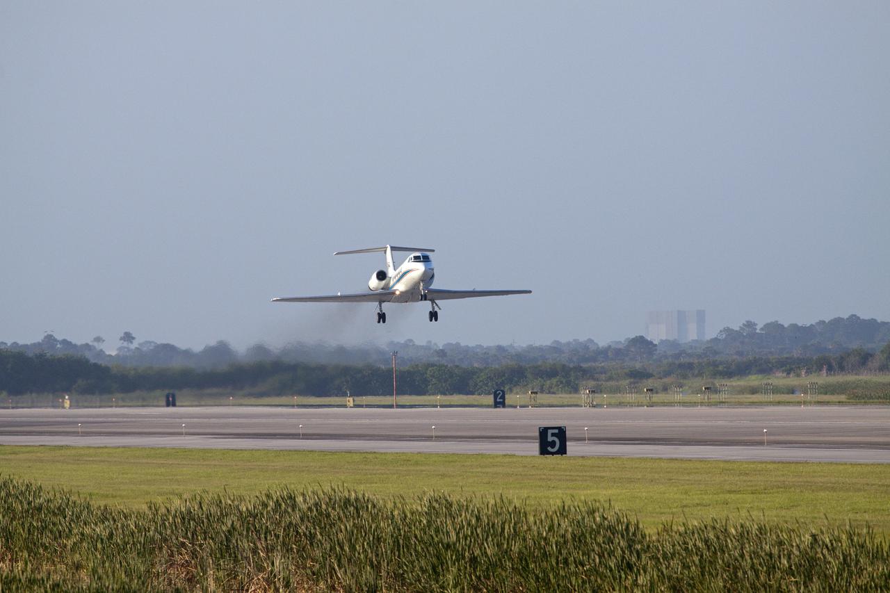 CAPE CANAVERAL, Fla. - NASA's Shuttle Training Aircraft flies weather reconnaissance for space shuttle Atlantis over Runway 33 at the Shuttle Landing Facility at NASA's Kennedy Space Center in Florida. Landing of Atlantis was at 8:48 a.m. EDT, completing the 12-day STS-132 mission to the International Space Station. The six-member STS-132 crew carried the Russian-built Mini Research Module-1 to the space station. STS-132 is the 34th shuttle mission to the station, the 132nd shuttle mission overall and the last planned flight for Atlantis. For information on the STS-132 mission and crew, visit www.nasa.gov_mission_pages_shuttle_shuttlemissions_sts132_index.html. Photo credit: NASA_Jack Pfaller