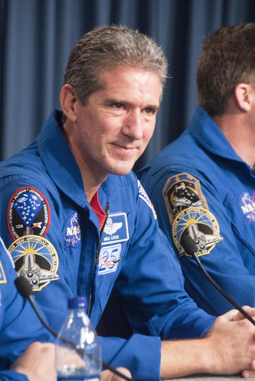 CAPE CANAVERAL, Fla. - STS-132 Mission Specialist Michael Good participates in a news conference in the Press Site auditorium at NASA's Kennedy Space Center in Florida on landing day. Space shuttle Atlantis touched down on the Shuttle Landing Facility's Runway 33 at 8:48 a.m. EDT, completing a 4.8-million mile mission to the International Space Station. STS-132 carried the Russian-built Mini Research Module-1 to the space station. STS-132 is the 34th shuttle mission to the station, the 132nd shuttle mission overall and the last planned flight for Atlantis. For more information, visit www.nasa.gov_mission_pages_shuttle_shuttlemissions_sts132_index.html. Photo credit: NASA_Cory Huston