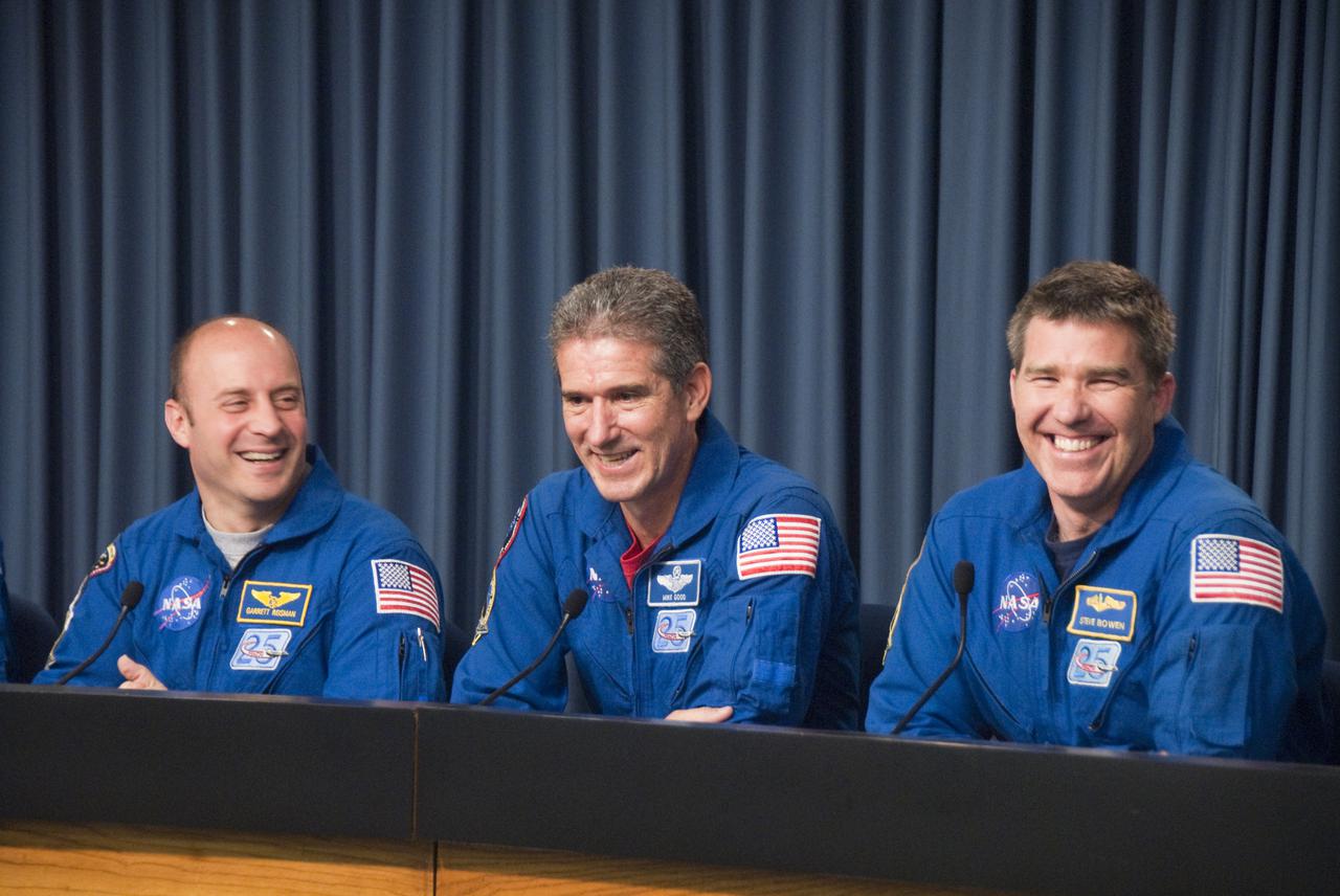CAPE CANAVERAL, Fla. - STS-132 Mission Specialists Garrett Reisman, left, Michael Good and Steve Bowen participate in a news conference in the Press Site auditorium at NASA's Kennedy Space Center in Florida on landing day. Space shuttle Atlantis touched down on the Shuttle Landing Facility's Runway 33 at 8:48 a.m. EDT, completing a 4.8-million mile mission to the International Space Station. STS-132 carried the Russian-built Mini Research Module-1 to the space station. STS-132 is the 34th shuttle mission to the station, the 132nd shuttle mission overall and the last planned flight for Atlantis. For more information, visit www.nasa.gov_mission_pages_shuttle_shuttlemissions_sts132_index.html. Photo credit: NASA_Cory Huston