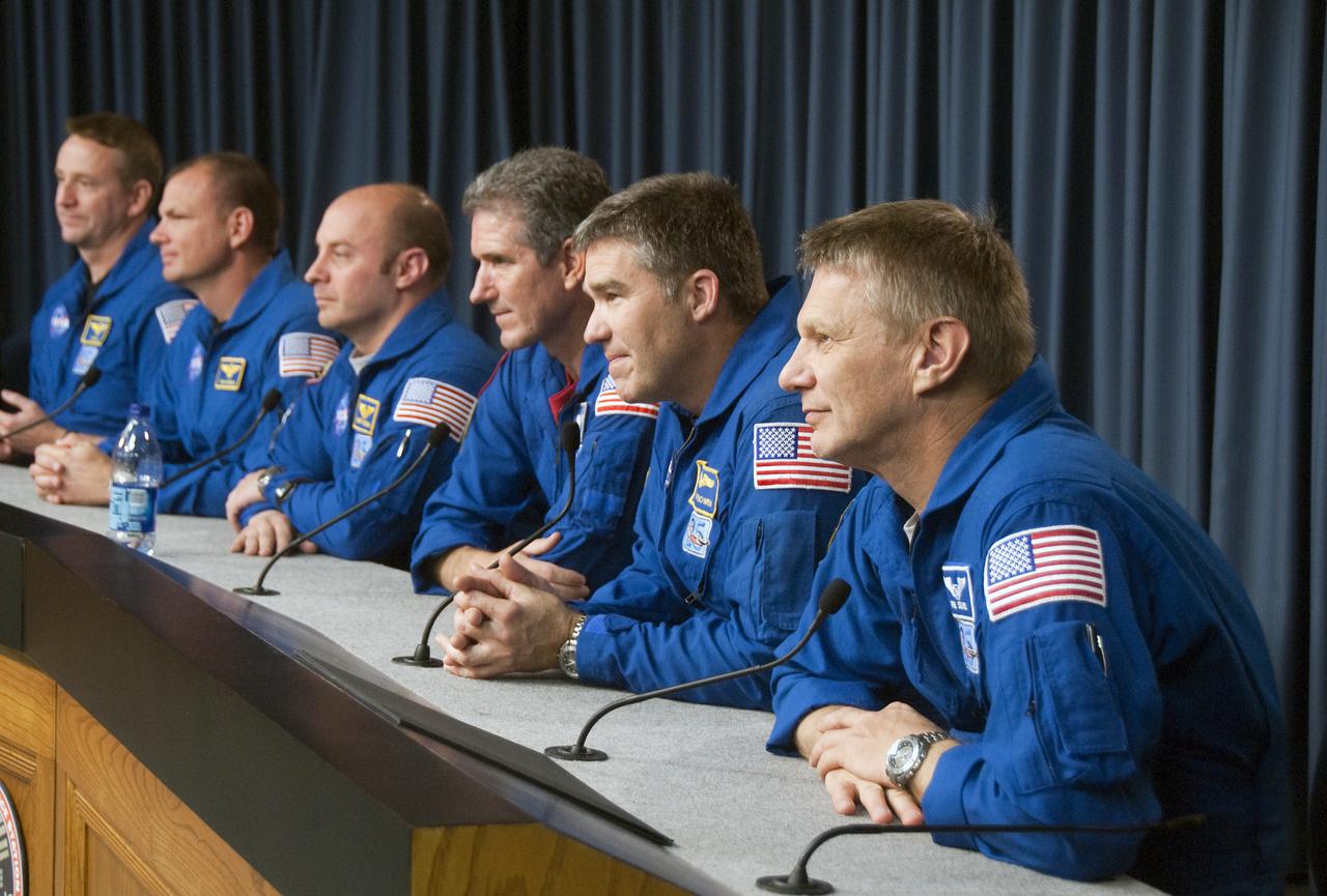 CAPE CANAVERAL, Fla. - The crew of space shuttle Atlantis' STS-132 mission to the International Space Station participates in a news conference in the Press Site auditorium at NASA's Kennedy Space Center in Florida on landing day. From left are Commander Ken Ham, Pilot Tony Antonelli, and Mission Specialists Garrett Reisman, Michael Good, Steve Bowen and Piers Sellers. Atlantis touched down on the Shuttle Landing Facility's Runway 33 at 8:48 a.m. EDT, completing a 4.8-million mile mission. STS-132 carried the Russian-built Mini Research Module-1 to the space station. STS-132 is the 34th shuttle mission to the station, the 132nd shuttle mission overall and the last planned flight for Atlantis. For more information, visit www.nasa.gov_mission_pages_shuttle_shuttlemissions_sts132_index.html. Photo credit: NASA_Cory Huston