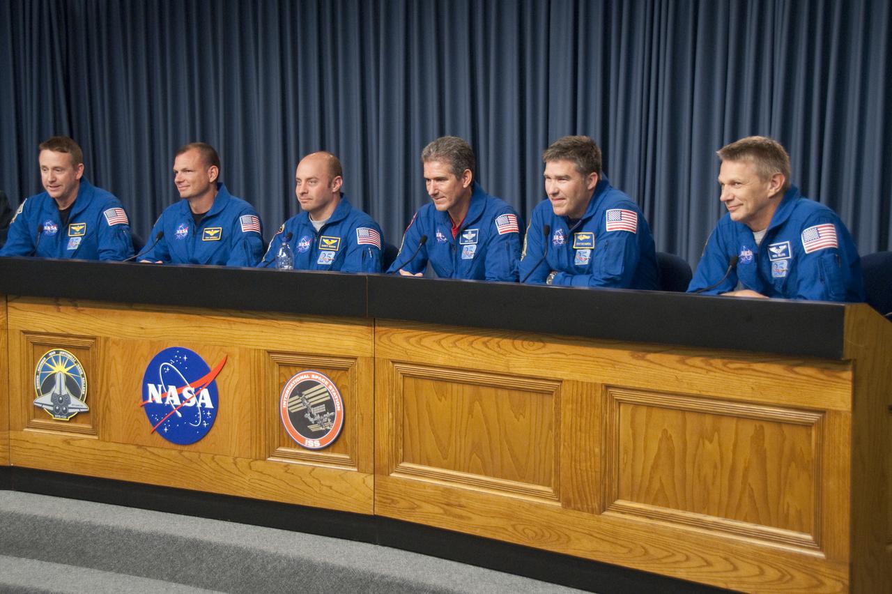 CAPE CANAVERAL, Fla. - The crew of space shuttle Atlantis' STS-132 mission to the International Space Station participates in a news conference in the Press Site auditorium at NASA's Kennedy Space Center in Florida on landing day. From left are Commander Ken Ham, Pilot Tony Antonelli, and Mission Specialists Garrett Reisman, Michael Good, Steve Bowen and Piers Sellers. Atlantis touched down on the Shuttle Landing Facility's Runway 33 at 8:48 a.m. EDT, completing a 4.8-million mile mission. STS-132 carried the Russian-built Mini Research Module-1 to the space station. STS-132 is the 34th shuttle mission to the station, the 132nd shuttle mission overall and the last planned flight for Atlantis. For more information, visit www.nasa.gov_mission_pages_shuttle_shuttlemissions_sts132_index.html. Photo credit: NASA_Cory Huston