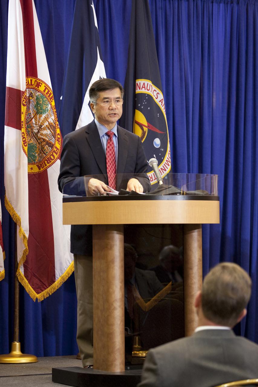 ORLANDO, Fla. – Secretary of Commerce Gary Locke addresses business and industry leaders during a town hall meeting at the Orlando Airport Hyatt Hotel as part of the Presidential Task Force on Space Industry Work Force and Economic Development. The task force heard from local leaders about ways to strengthen the work force as NASA moves toward retirement of the Space Shuttle Program. The task force is a $40 million, multi-agency initiative for regional and economic growth to assist the Space Coast as the country’s space exploration efforts expand and transform. Photo credit: NASA_Amanda Diller