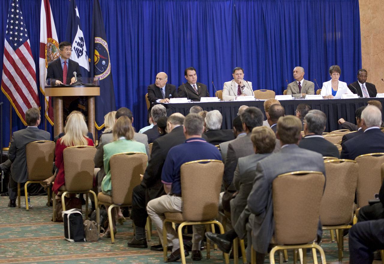ORLANDO, Fla. – Secretary of Commerce Gary Locke addresses business and industry leaders during a town hall meeting at the Orlando Airport Hyatt Hotel as part of the Presidential Task Force on Space Industry Work Force and Economic Development. Panel members, seated from the left are, Space Florida President Frank DiBello, Rep. Alan Grayson of Florida, Assistant Secretary of Commerce for Economic Development John Fernandez, NASA Administrator Charles Bolden, Rep. Suzanne Kosmas of Florida and NASA Associate Administrator for Mission Support Woodrow Whitlow. The task force heard from local leaders about ways to strengthen the work force as NASA moves toward retirement of the Space Shuttle Program. The task force is a $40 million, multi-agency initiative for regional and economic growth to assist the Space Coast as the country’s space exploration efforts expand and transform. Photo credit: NASA_Amanda Diller