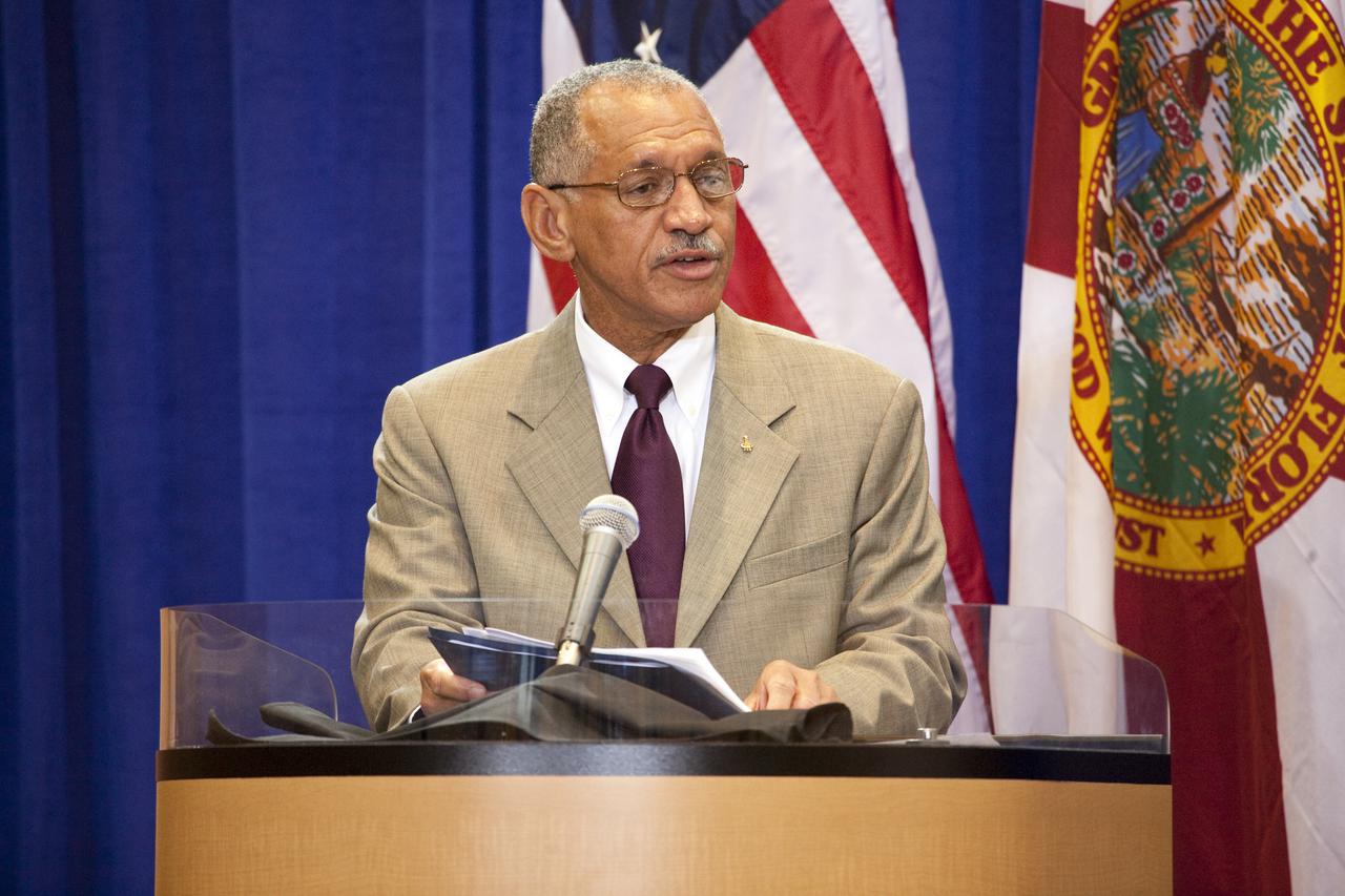 ORLANDO, Fla. – NASA Administrator Charles Bolden speaks to business and industry leaders during a town hall meeting at the Orlando Airport Hyatt Hotel as part of the Presidential Task Force on Space Industry Work Force and Economic Development. The task force heard from local leaders about ways to strengthen the work force as NASA moves toward retirement of the Space Shuttle Program. The task force is a $40 million, multi-agency initiative for regional and economic growth to assist the Space Coast as the country’s space exploration efforts expand and transform. Photo credit: NASA_Amanda Diller