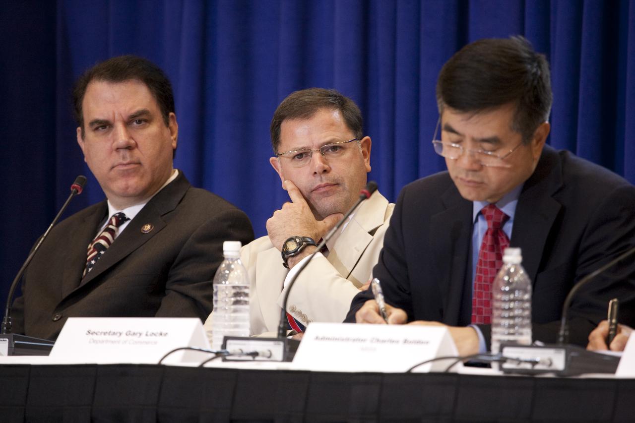 ORLANDO, Fla. – From left, Rep. Alan Grayson of Florida, Assistant Secretary of Commerce for Economic Development John Fernandez and Secretary of Commerce Gary Locke listen to presentations from business and community leaders during a town hall meeting at the Orlando Airport Hyatt Hotel as part of the Presidential Task Force on Space Industry Work Force and Economic Development. The task force heard from local leaders about ways to strengthen the work force as NASA moves toward retirement of the Space Shuttle Program. The task force is a $40 million, multi-agency initiative for regional and economic growth to assist the Space Coast as the country’s space exploration efforts expand and transform. Photo credit: NASA_Amanda Diller