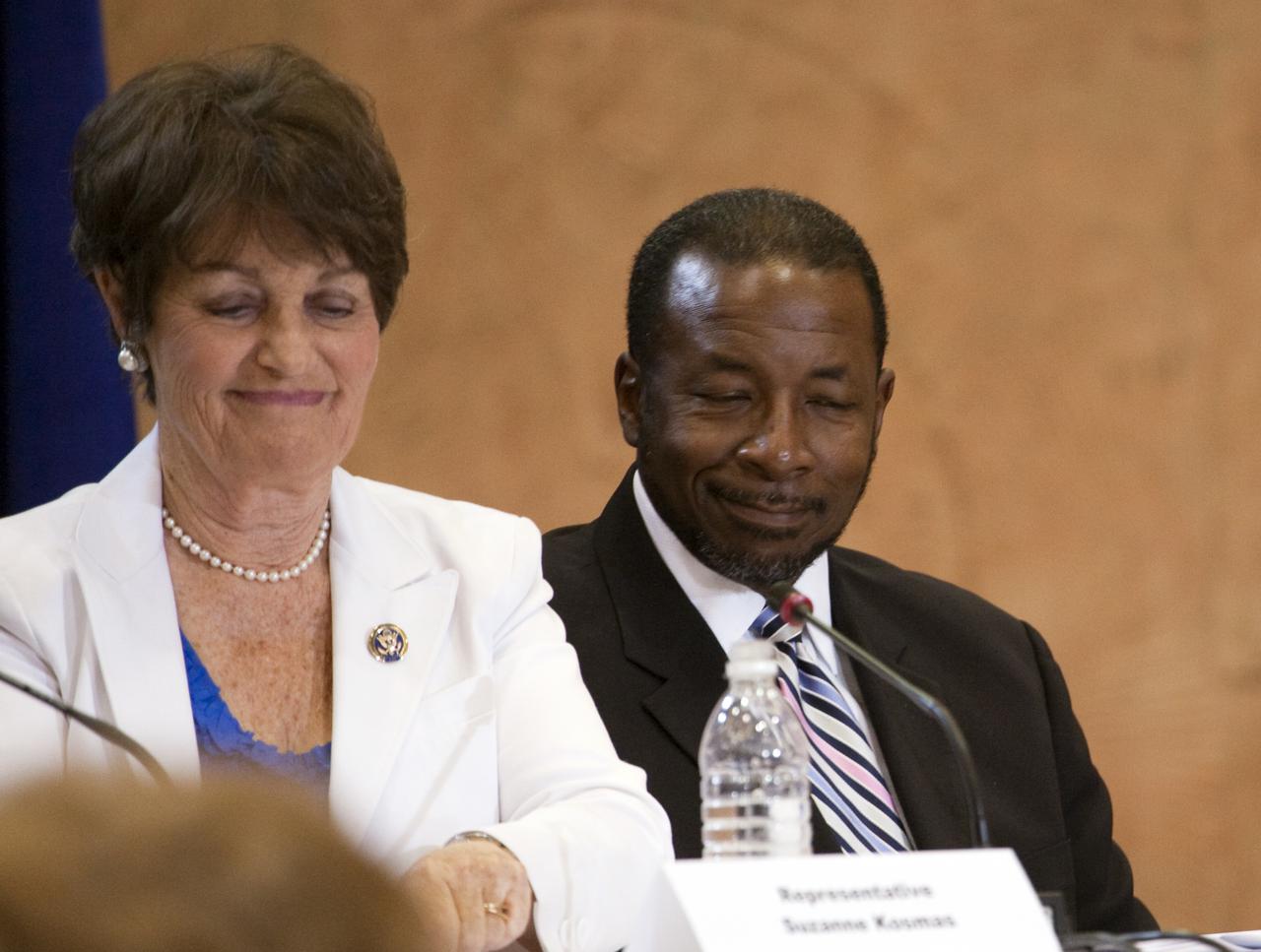 ORLANDO, Fla. – Rep. Suzanne Kosmas of Florida and NASA Associate Administrator for Mission Support Woodrow Whitlow, listen to presentations from business and community leaders during a town hall meeting at the Orlando Airport Hyatt Hotel as part of the Presidential Task Force on Space Industry Work Force and Economic Development. The task force heard from local leaders about ways to strengthen the work force as NASA moves toward retirement of the Space Shuttle Program. The task force is a $40 million, multi-agency initiative for regional and economic growth to assist the Space Coast as the country’s space exploration efforts expand and transform. Photo credit: NASA_Amanda Diller