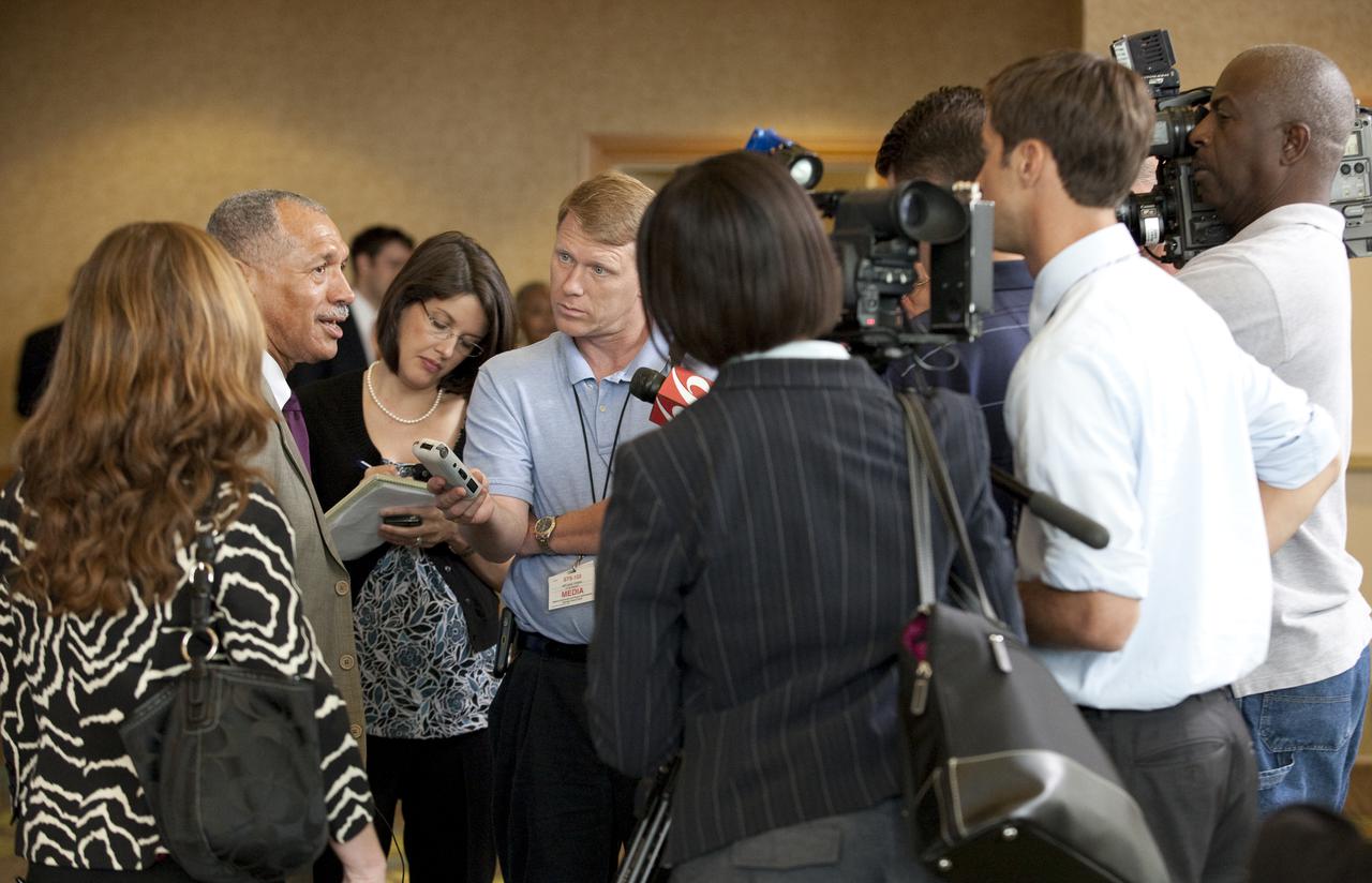 ORLANDO, Fla. – NASA Administrator Charles Bolden, second from left, speaks to reporters during a town hall meeting at the Orlando Airport Hyatt Hotel as part of the Presidential Task Force on Space Industry Work Force and Economic Development. The task force heard from local leaders about ways to strengthen the work force as NASA moves toward retirement of the Space Shuttle Program. The task force is a $40 million, multi-agency initiative for regional and economic growth to assist the Space Coast as the country’s space exploration efforts expand and transform. Photo credit: NASA_Amanda Diller